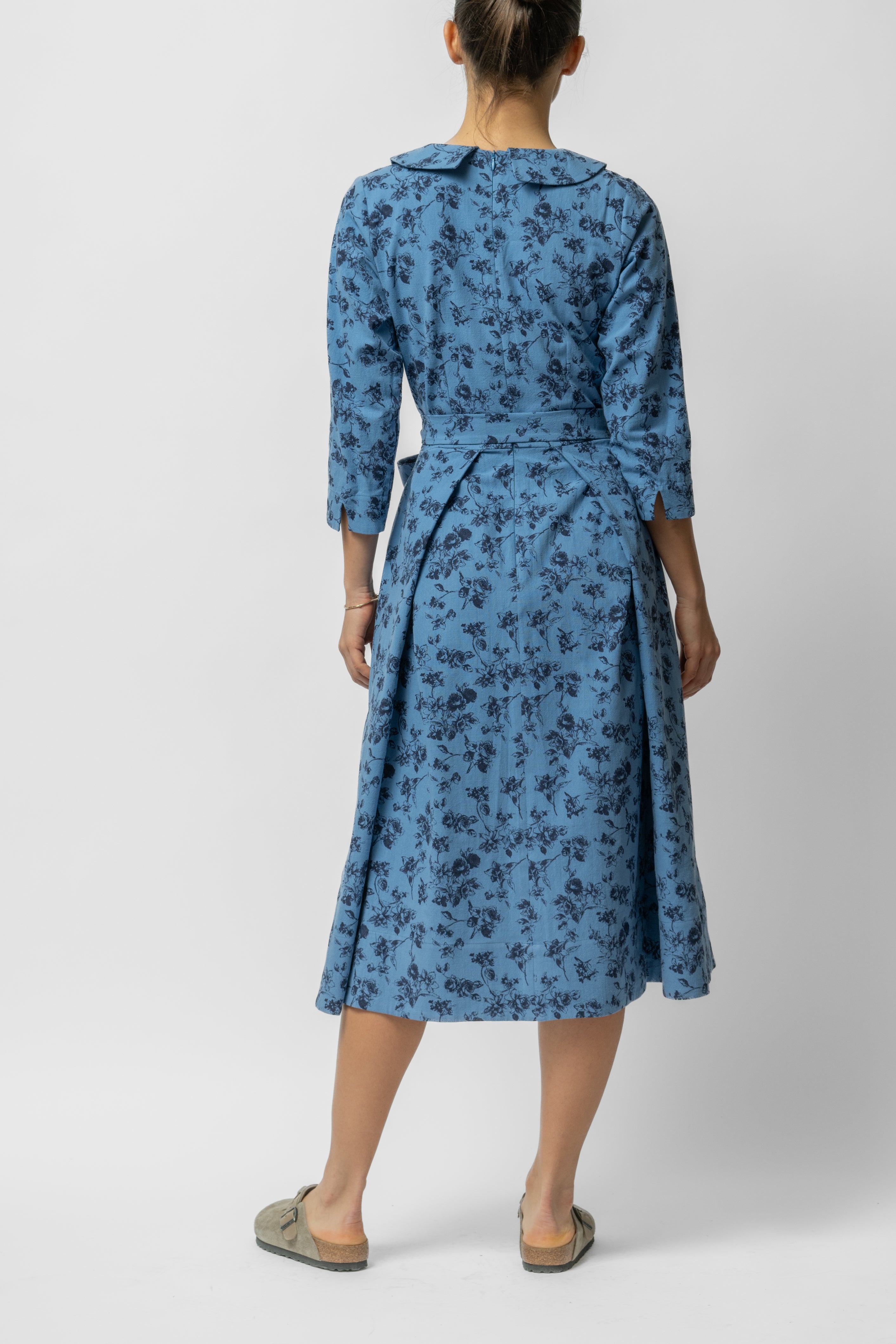 Rochie Midi cu Maneca 3/4 si Imprimeu din Bumbac, Bleu Inchis