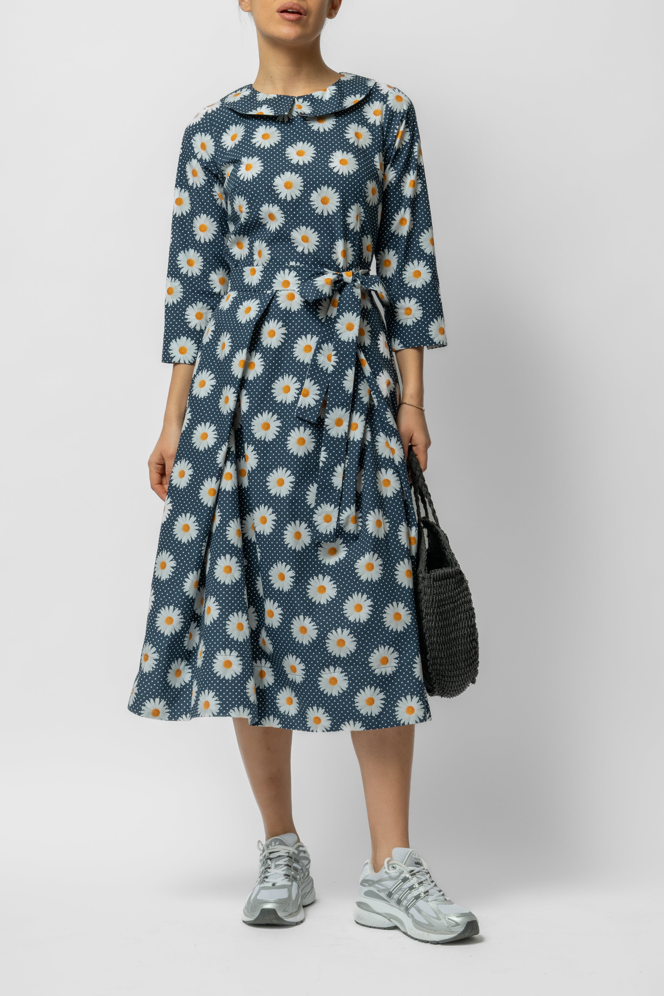 Rochie Midi cu Maneca 3/4 si Imprimeu din Bumbac, Neagra