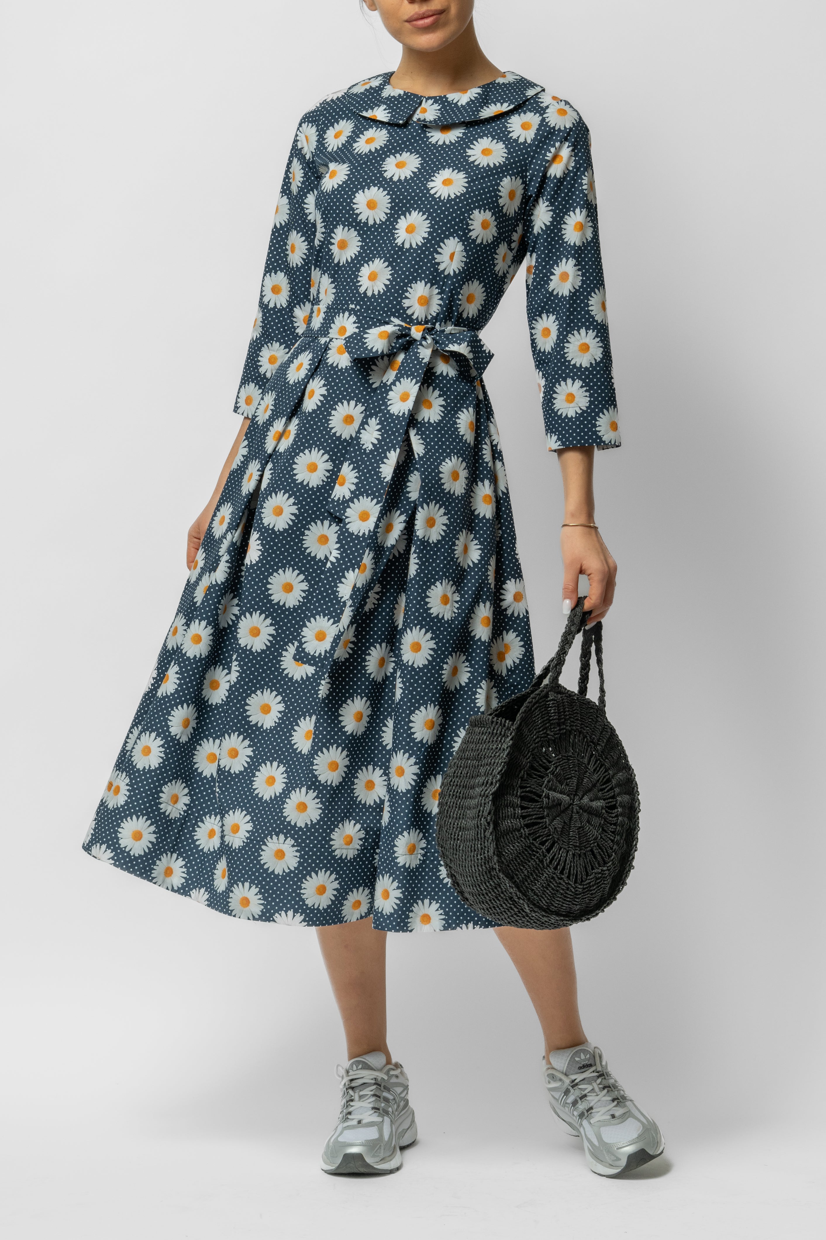 Rochie Midi cu Maneca 3/4 si Imprimeu din Bumbac, Neagra