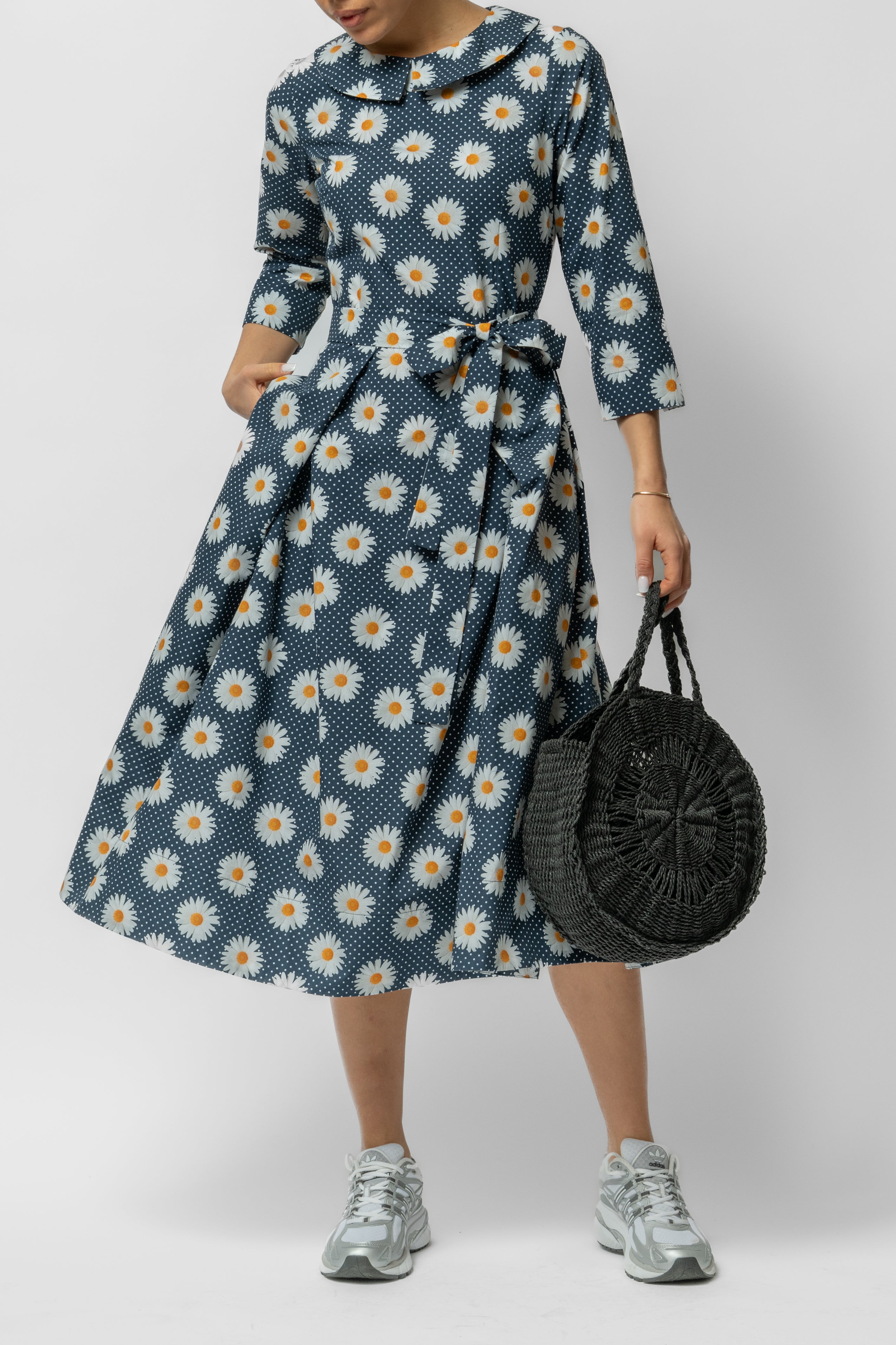 Rochie Midi cu Maneca 3/4 si Imprimeu din Bumbac, Neagra