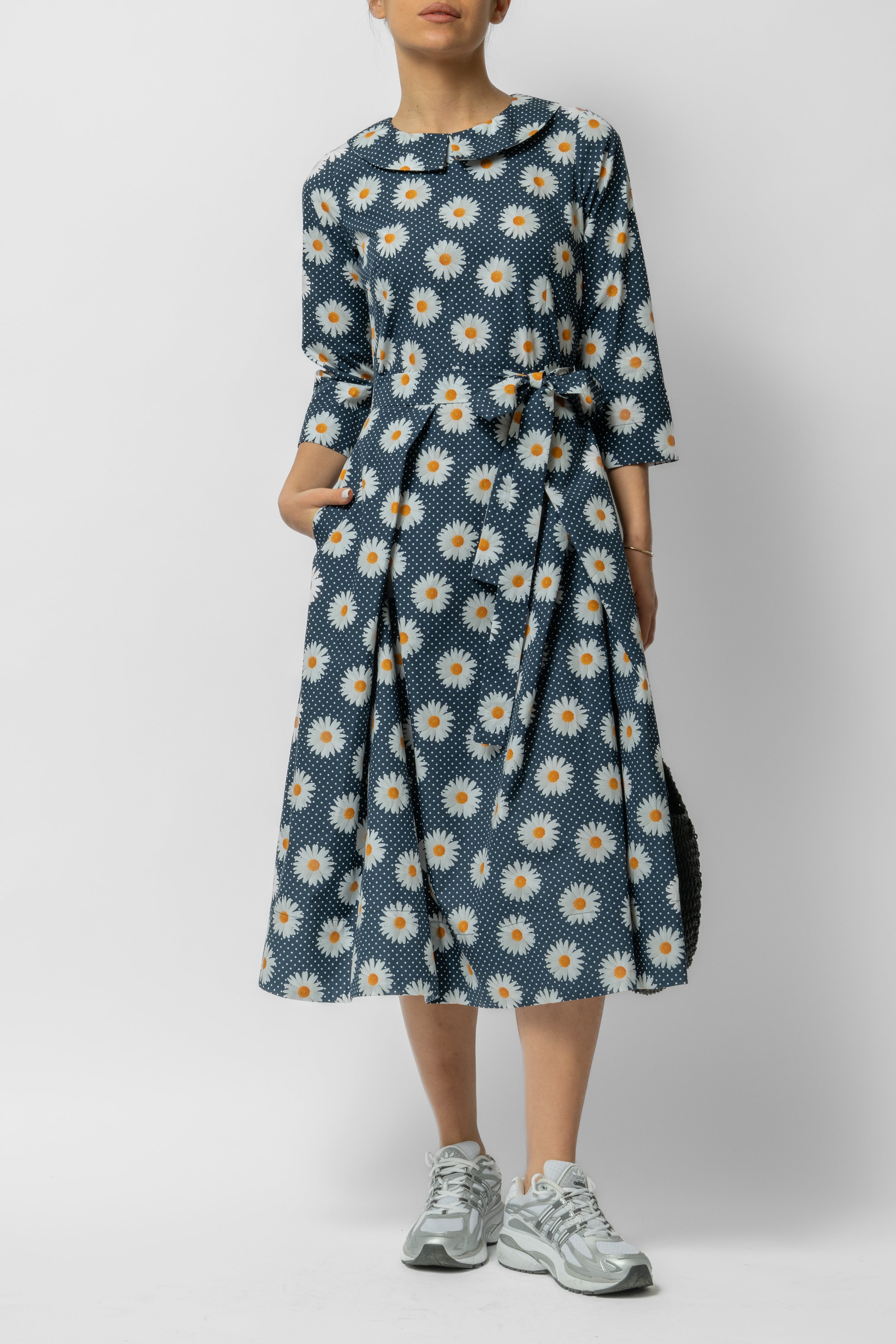 Rochie Midi cu Maneca 3/4 si Imprimeu din Bumbac, Neagra