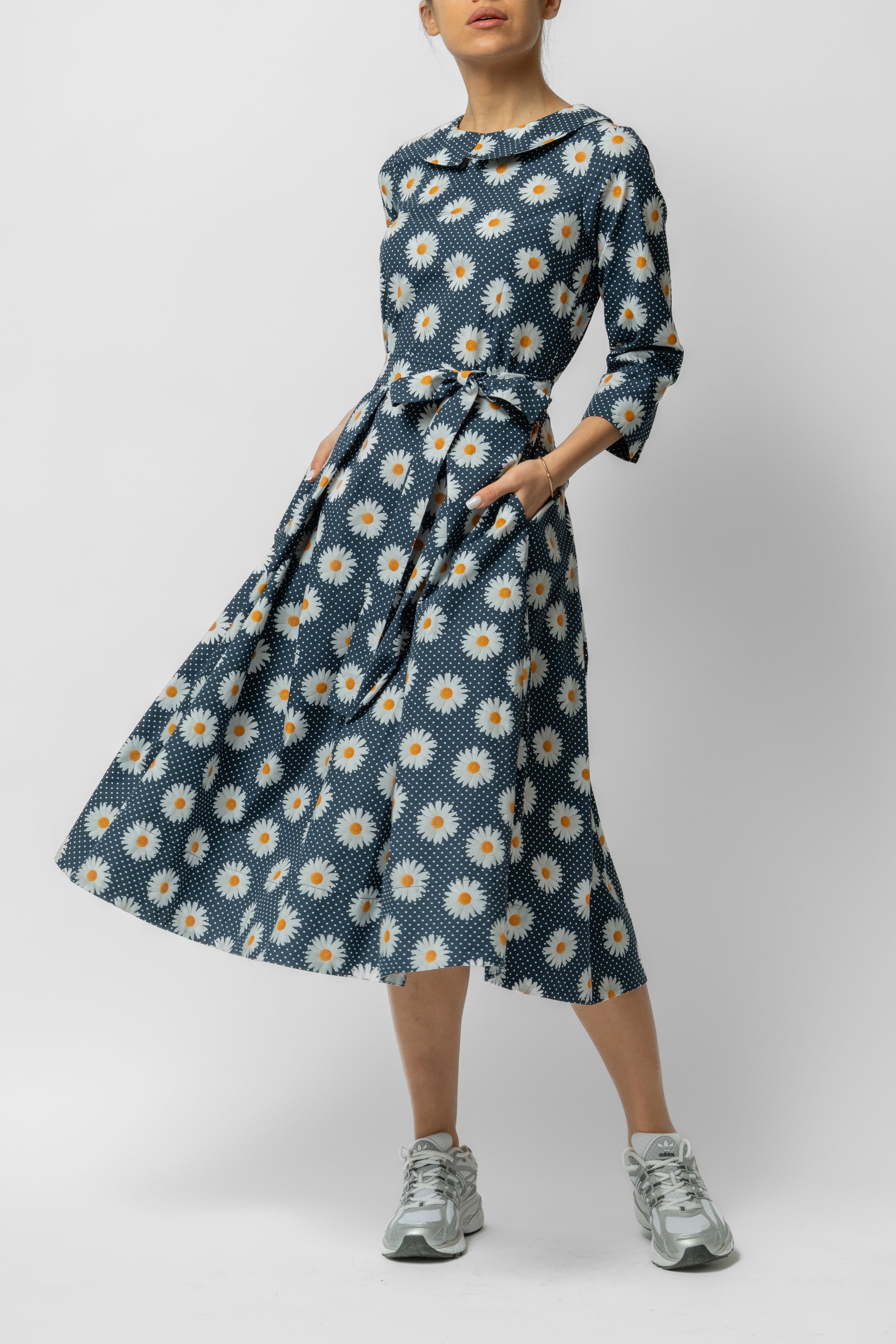 Rochie Midi cu Maneca 3/4 si Imprimeu din Bumbac, Neagra