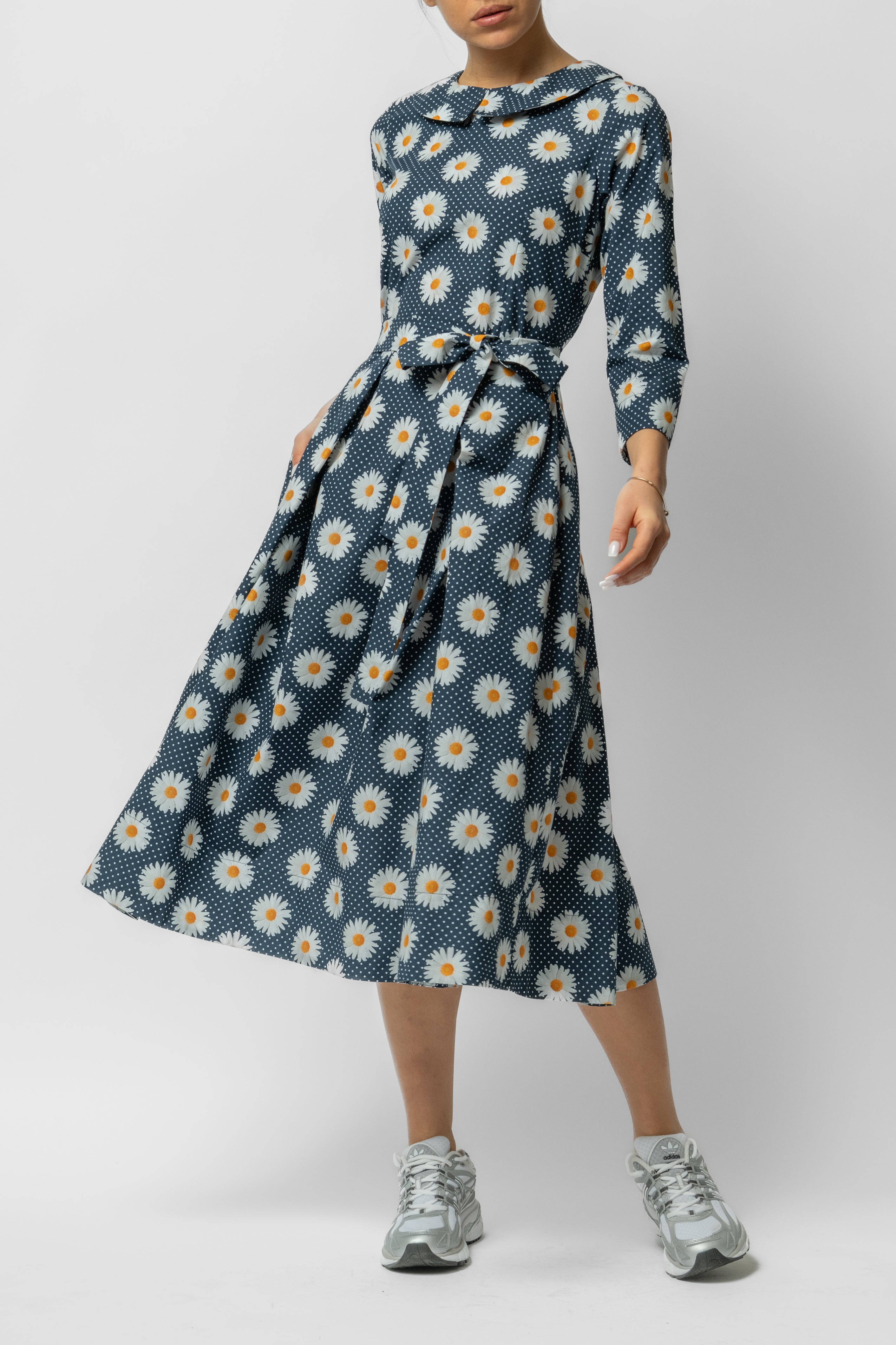 Rochie Midi cu Maneca 3/4 si Imprimeu din Bumbac, Neagra