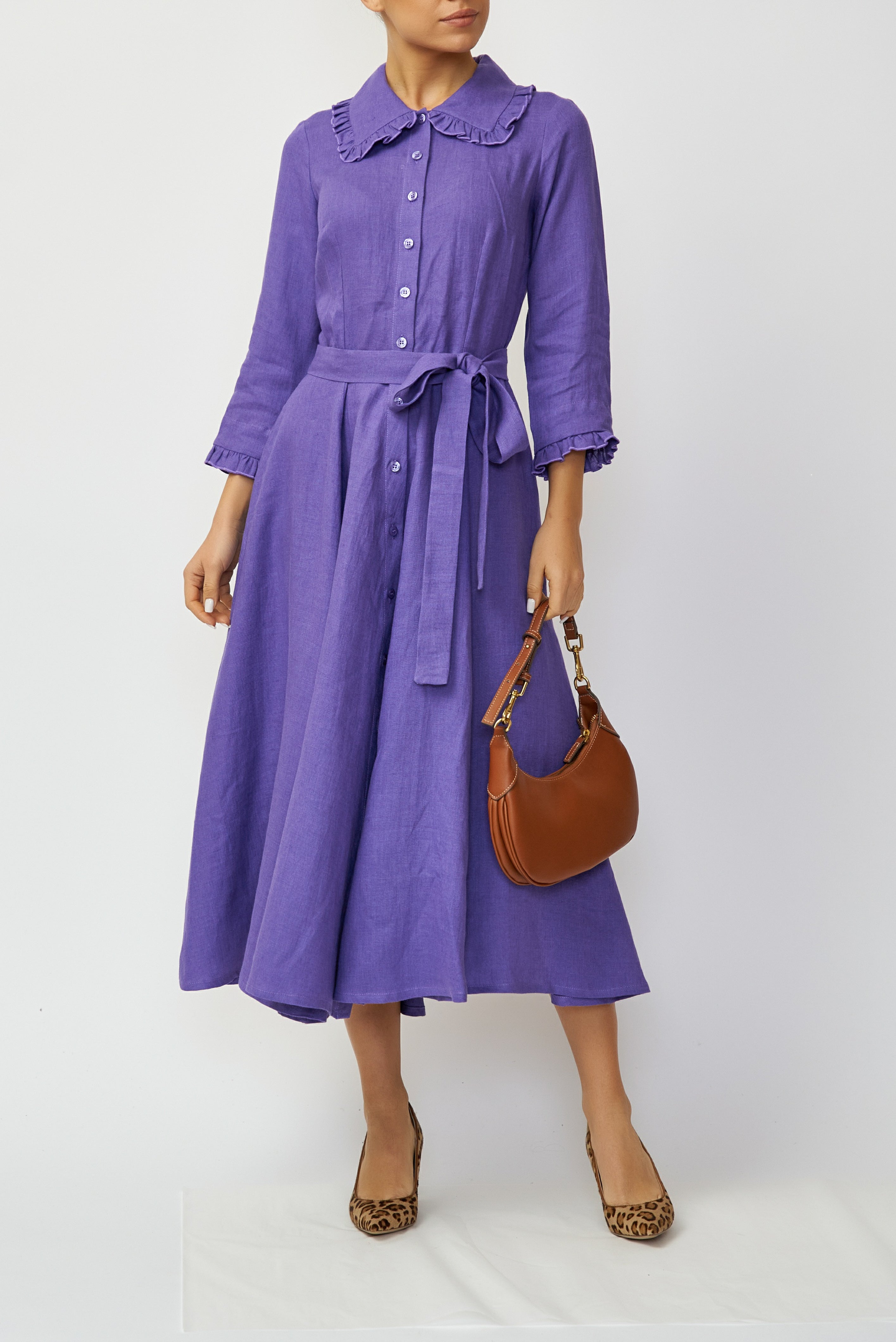 Linen Midi Shirt Dress, Purple