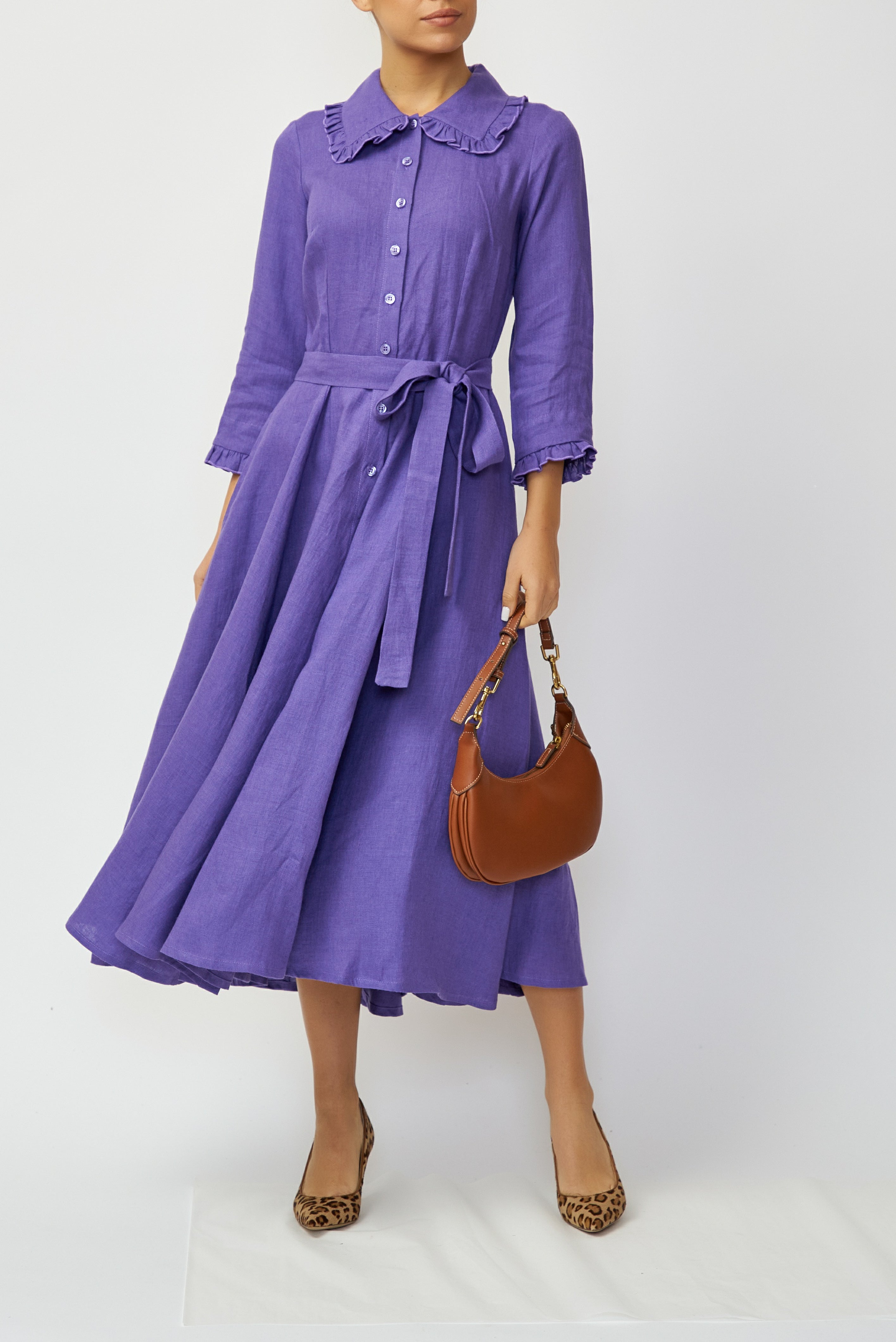 Linen Midi Shirt Dress, Purple