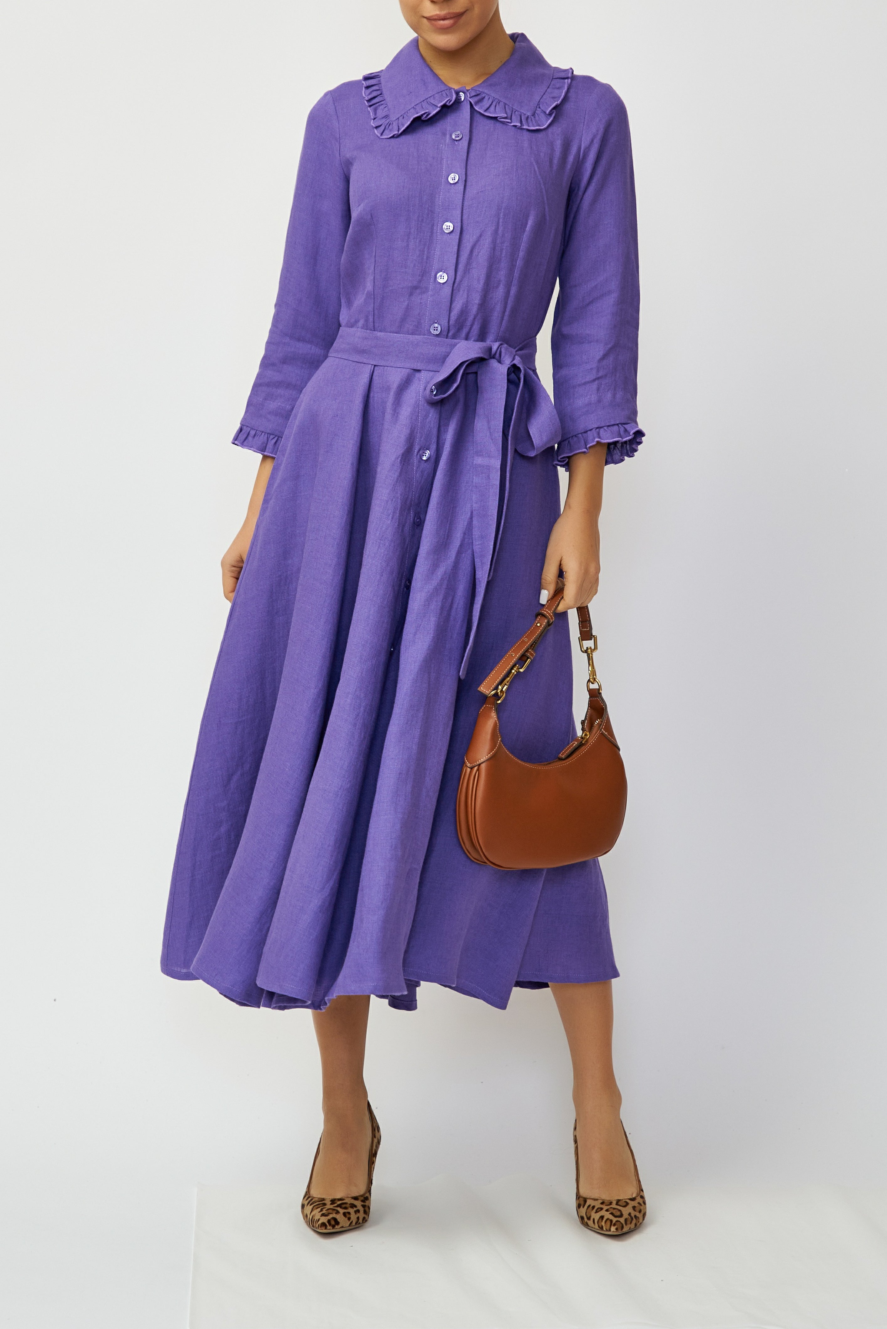 Linen Midi Shirt Dress, Purple