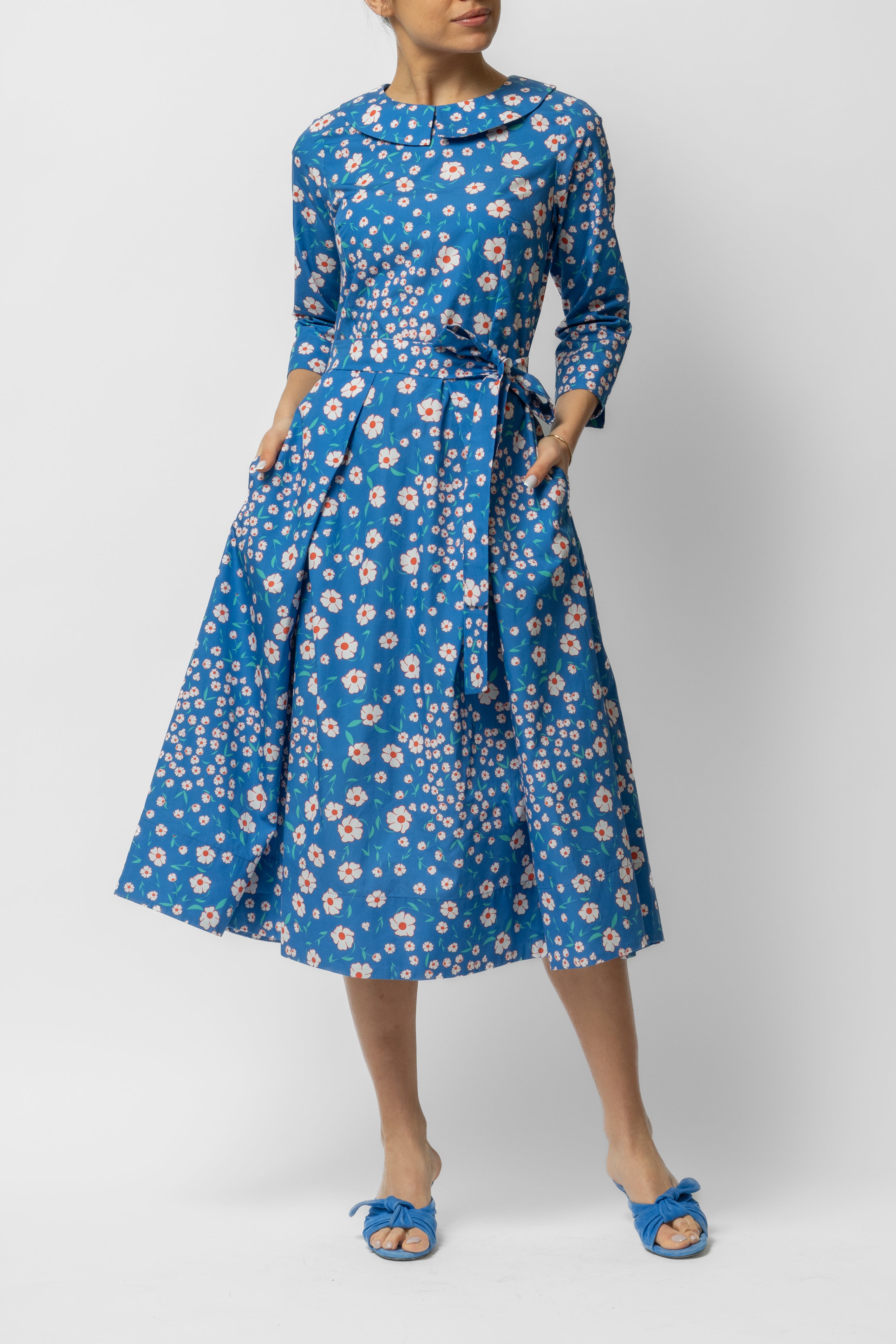 Rochie Midi cu Maneca 3/4 si Imprimeu din Bumbac, Albastra