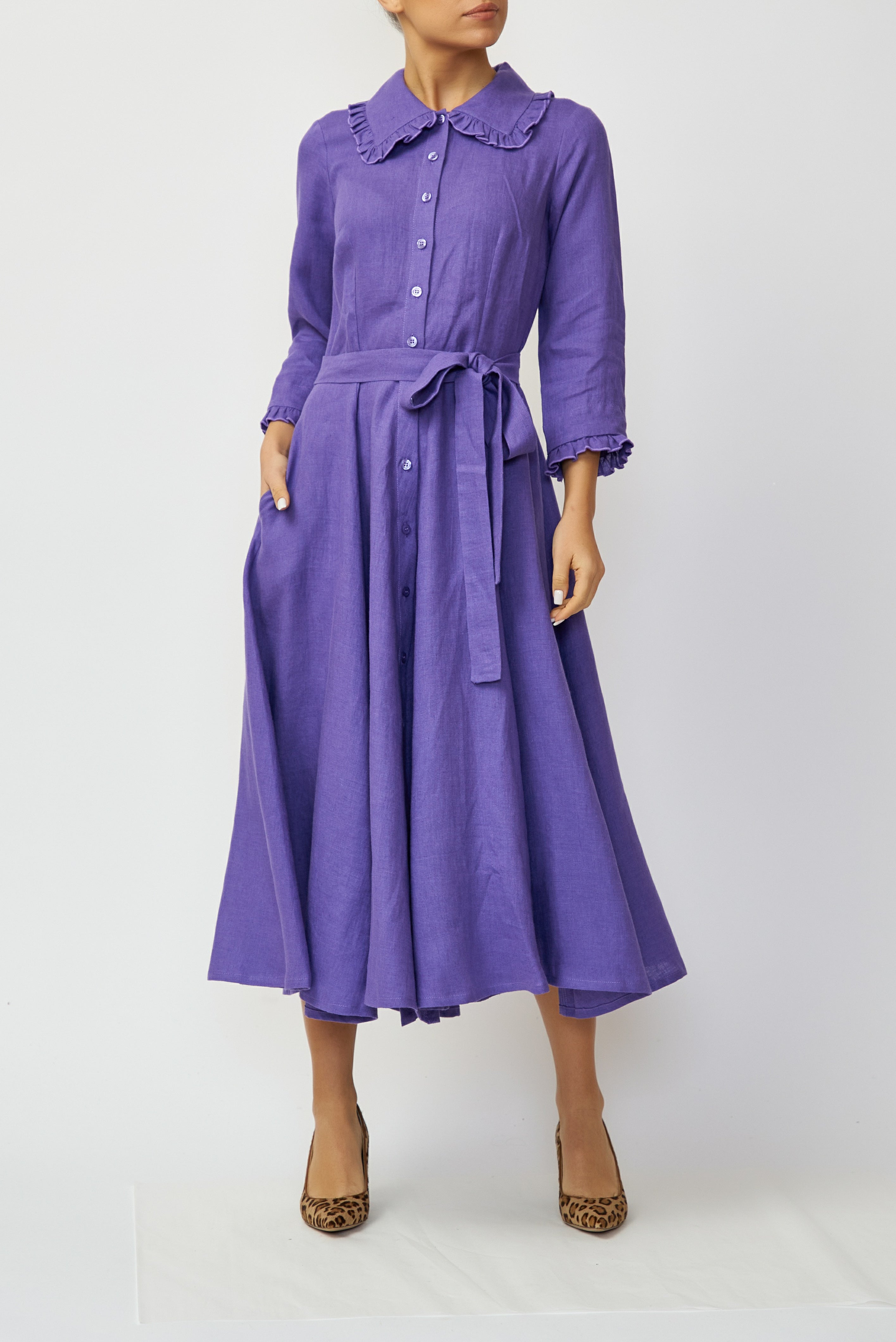 Linen Midi Shirt Dress, Purple