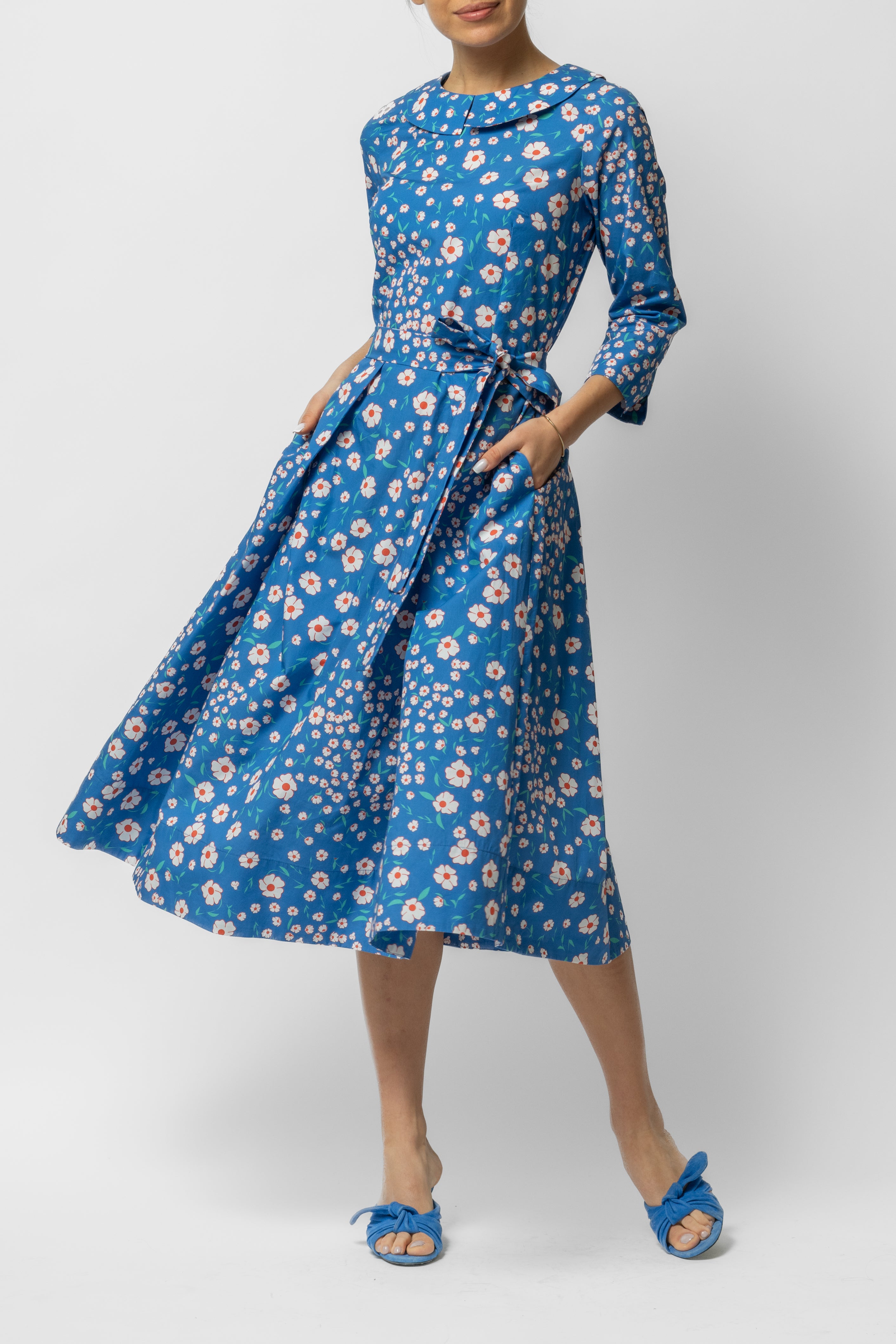 Rochie Midi cu Maneca 3/4 si Imprimeu din Bumbac, Albastra