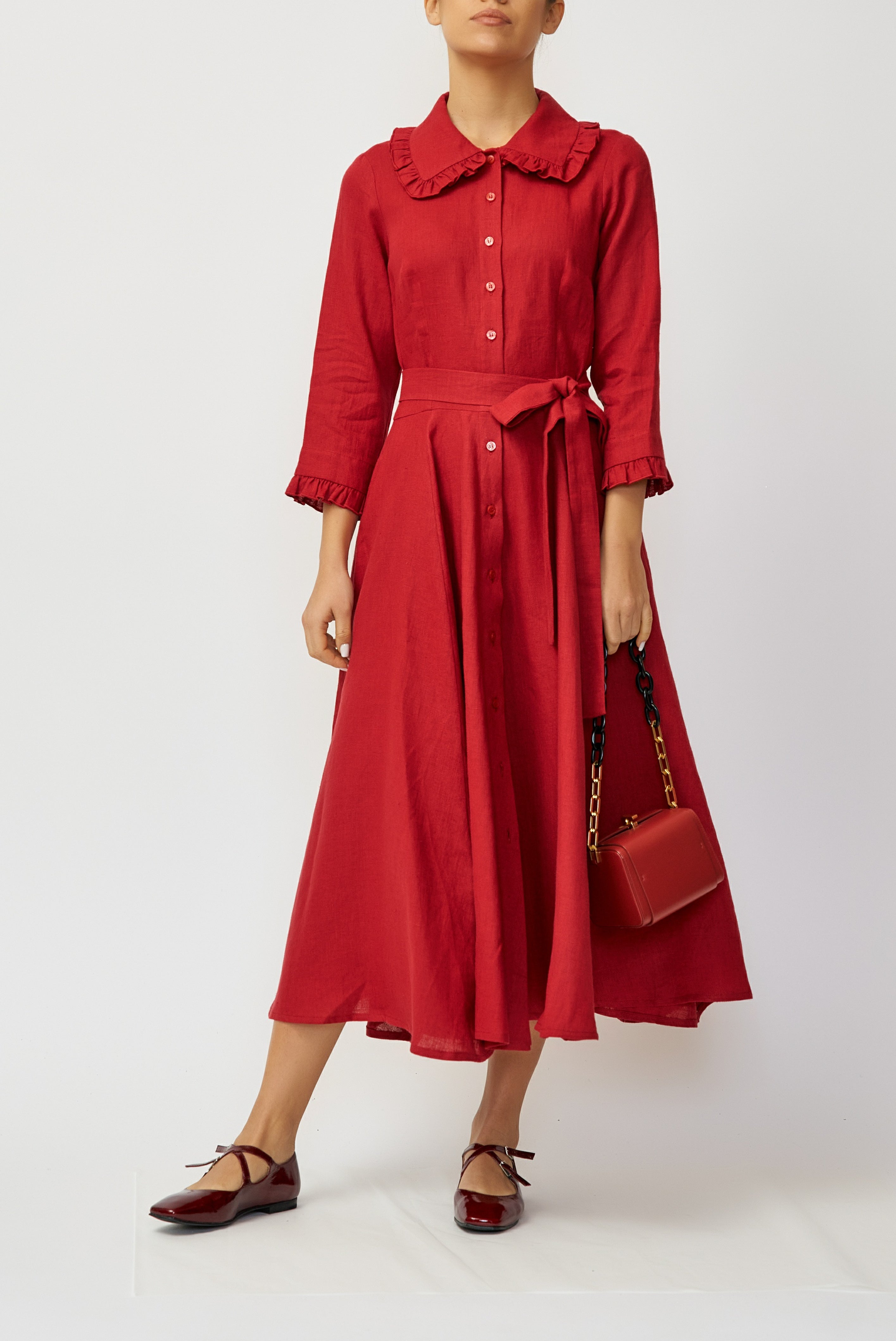 Linen Midi Shirt Dress, Red