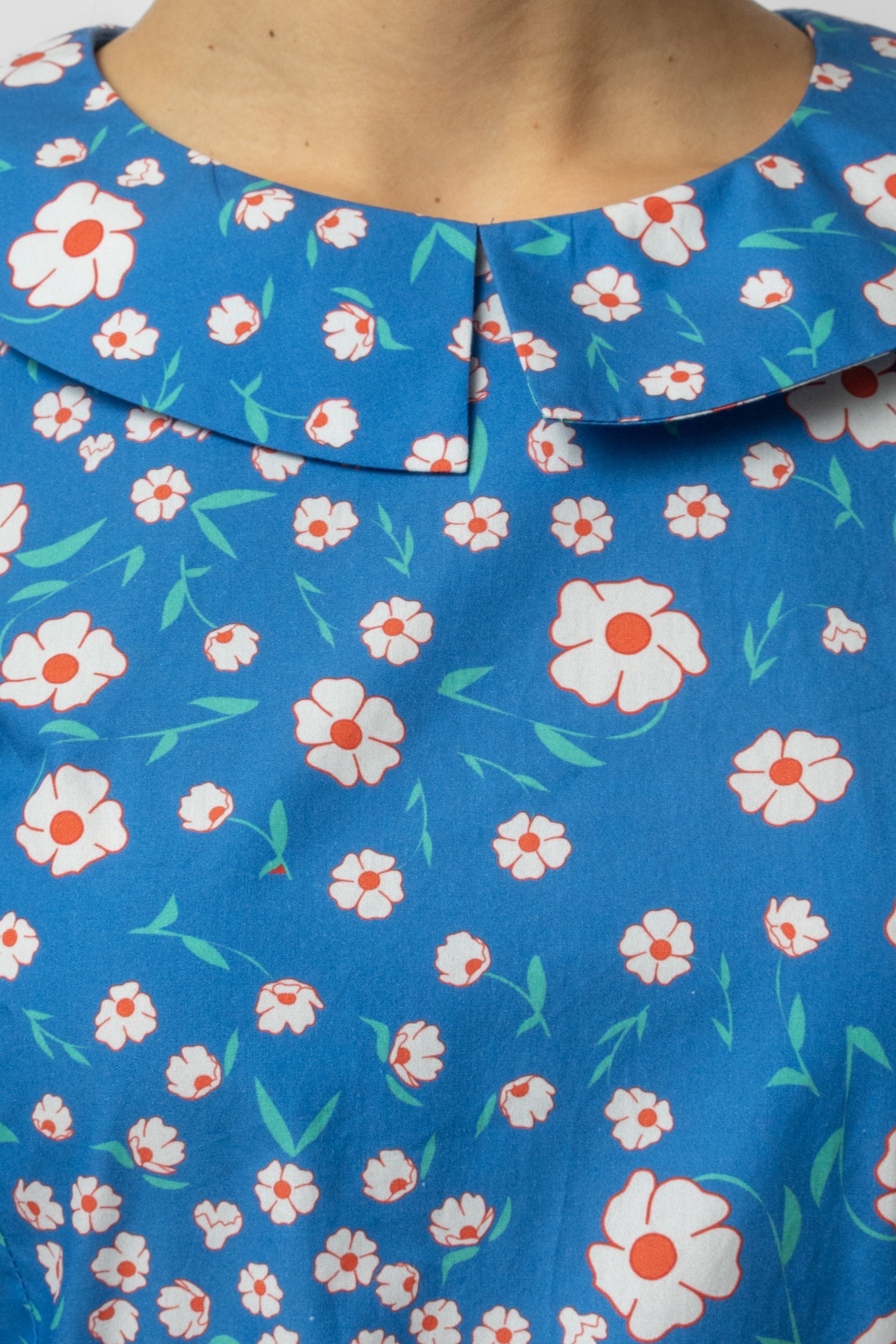 Rochie Midi cu Maneca 3/4 si Imprimeu din Bumbac, Albastra