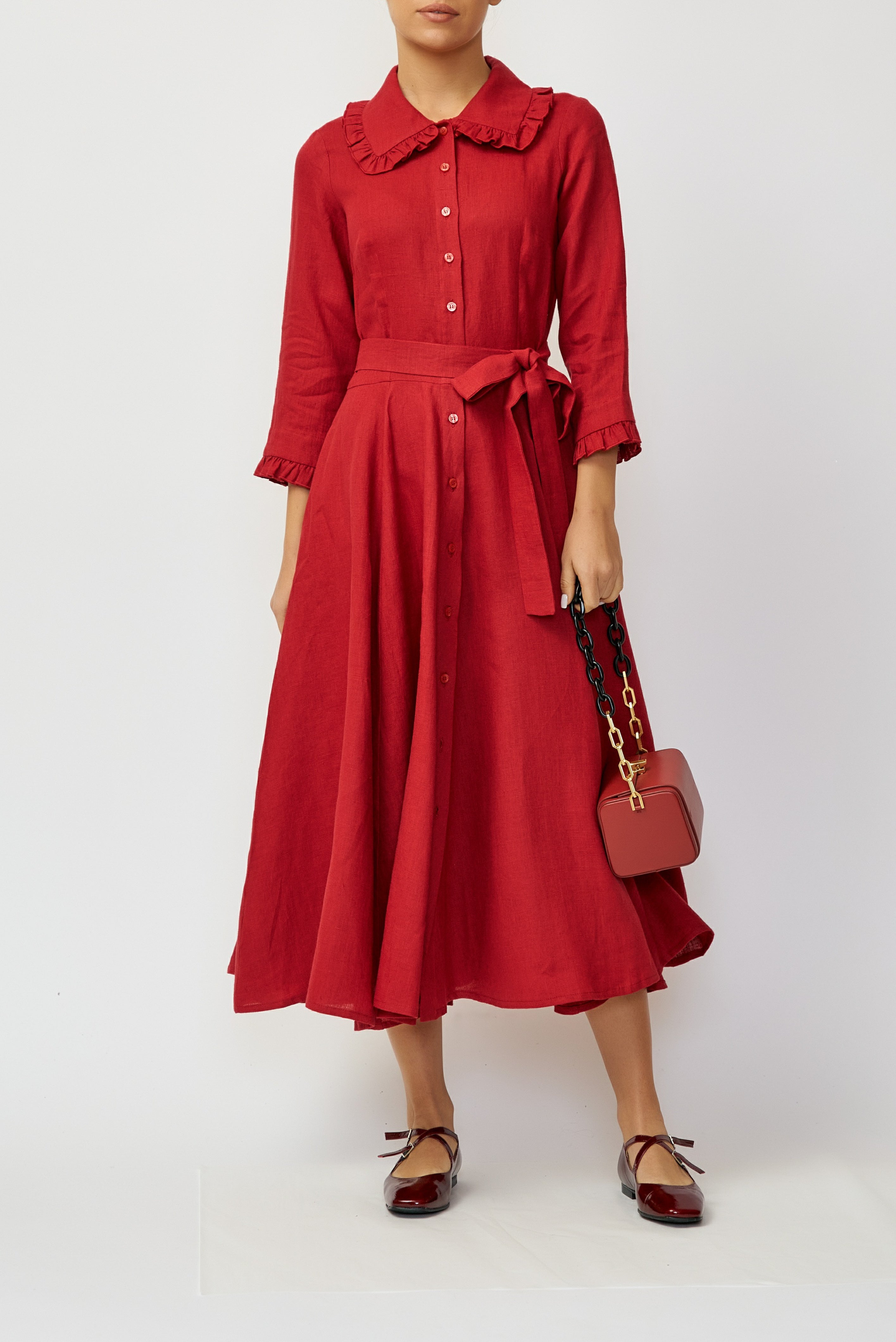 Linen Midi Shirt Dress, Red
