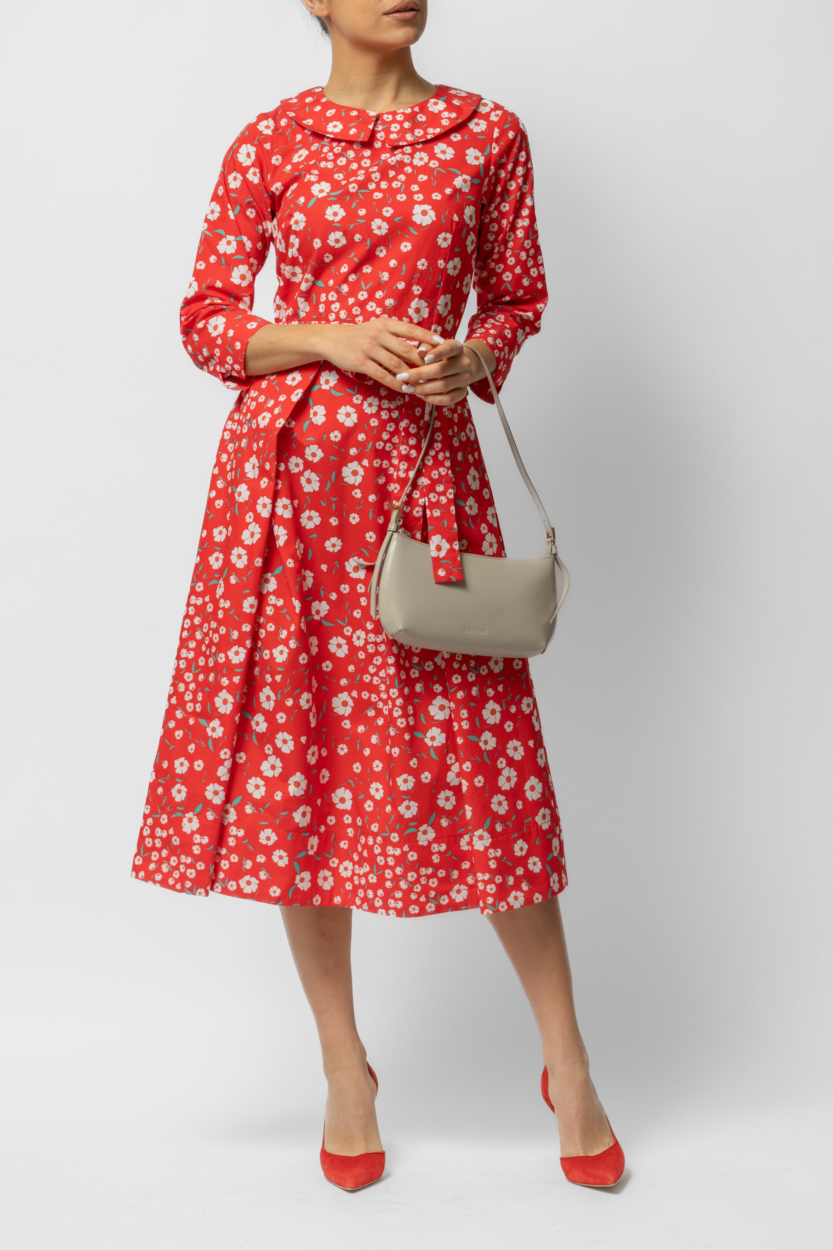 Rochie Midi cu Maneca 3/4 si Imprimeu din Bumbac, Rosie