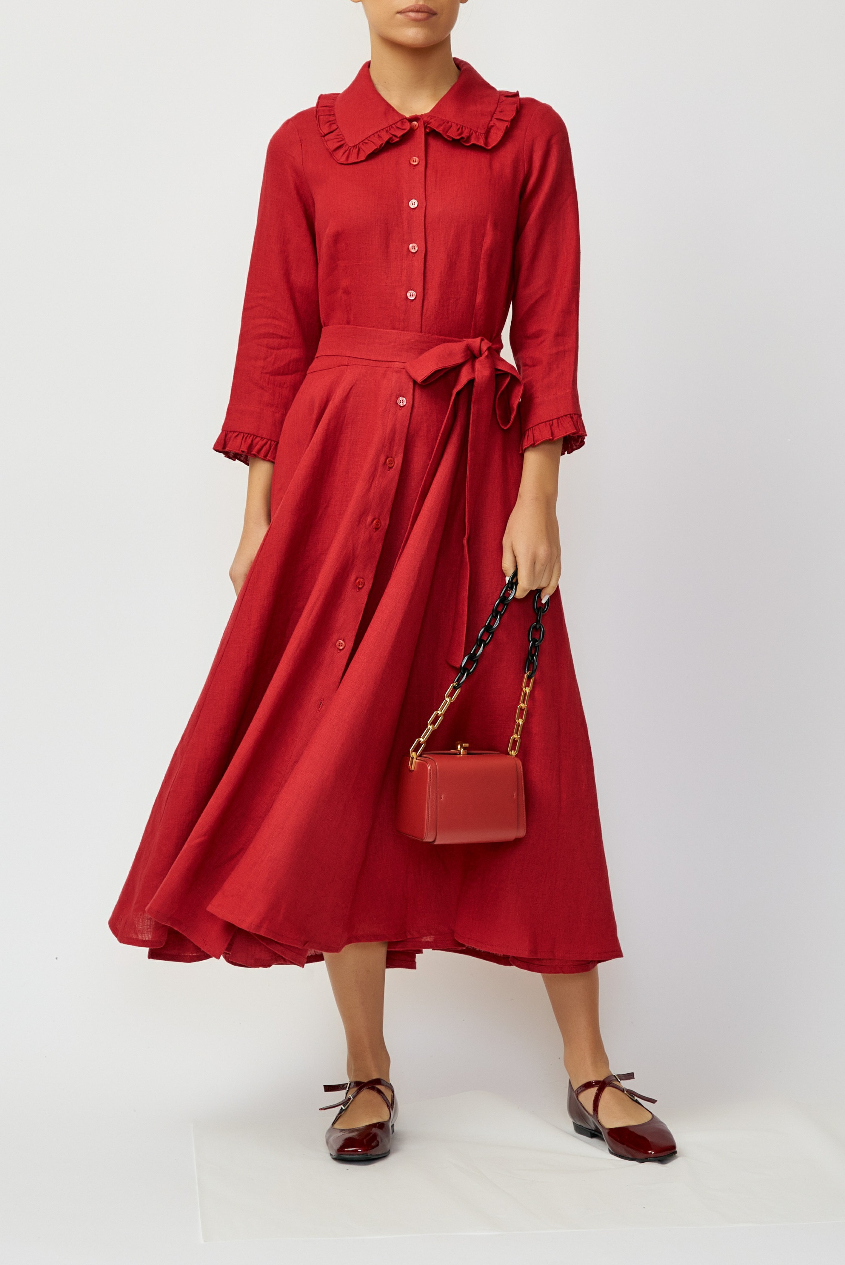 Linen Midi Shirt Dress, Red