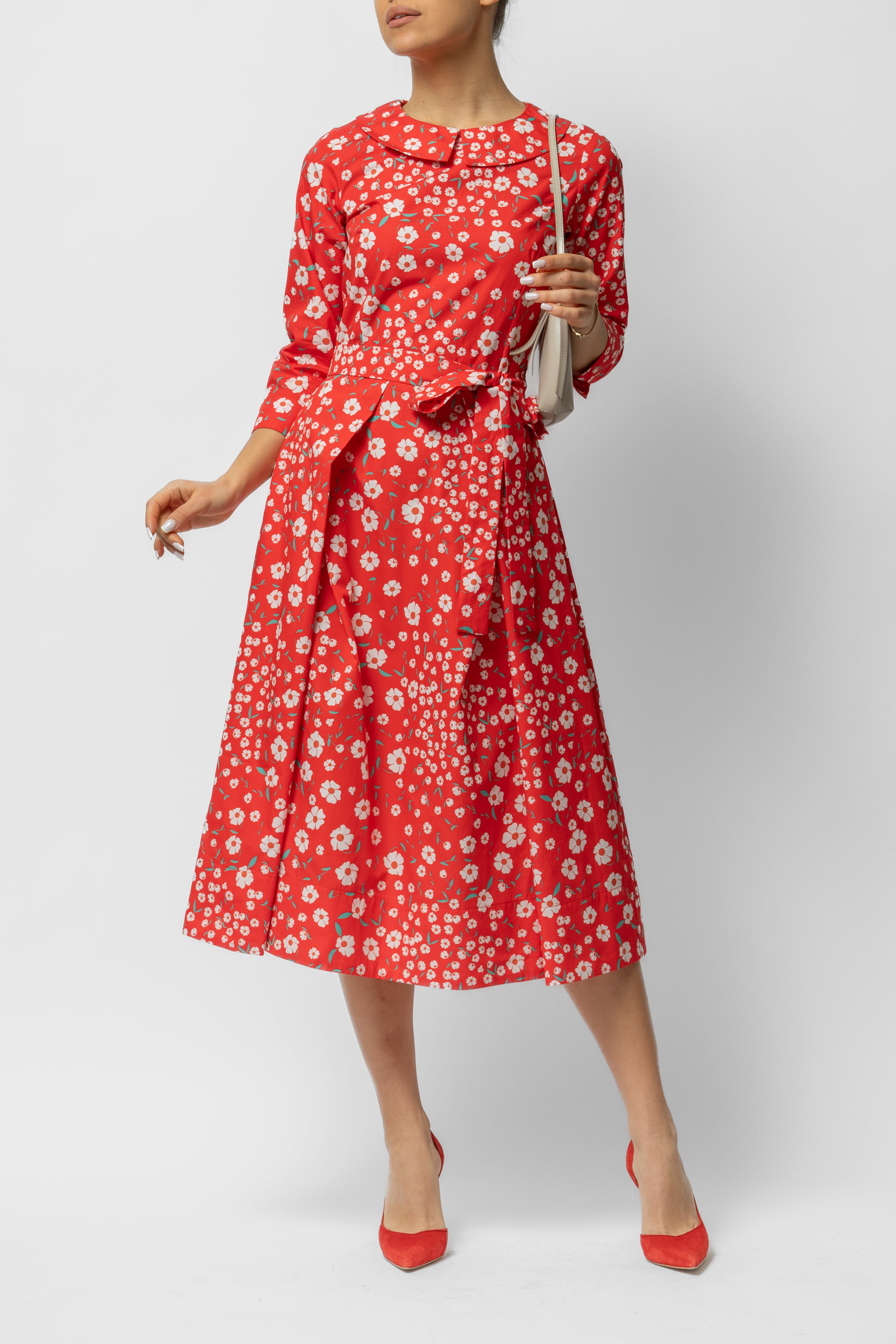 Rochie Midi cu Maneca 3/4 si Imprimeu din Bumbac, Rosie