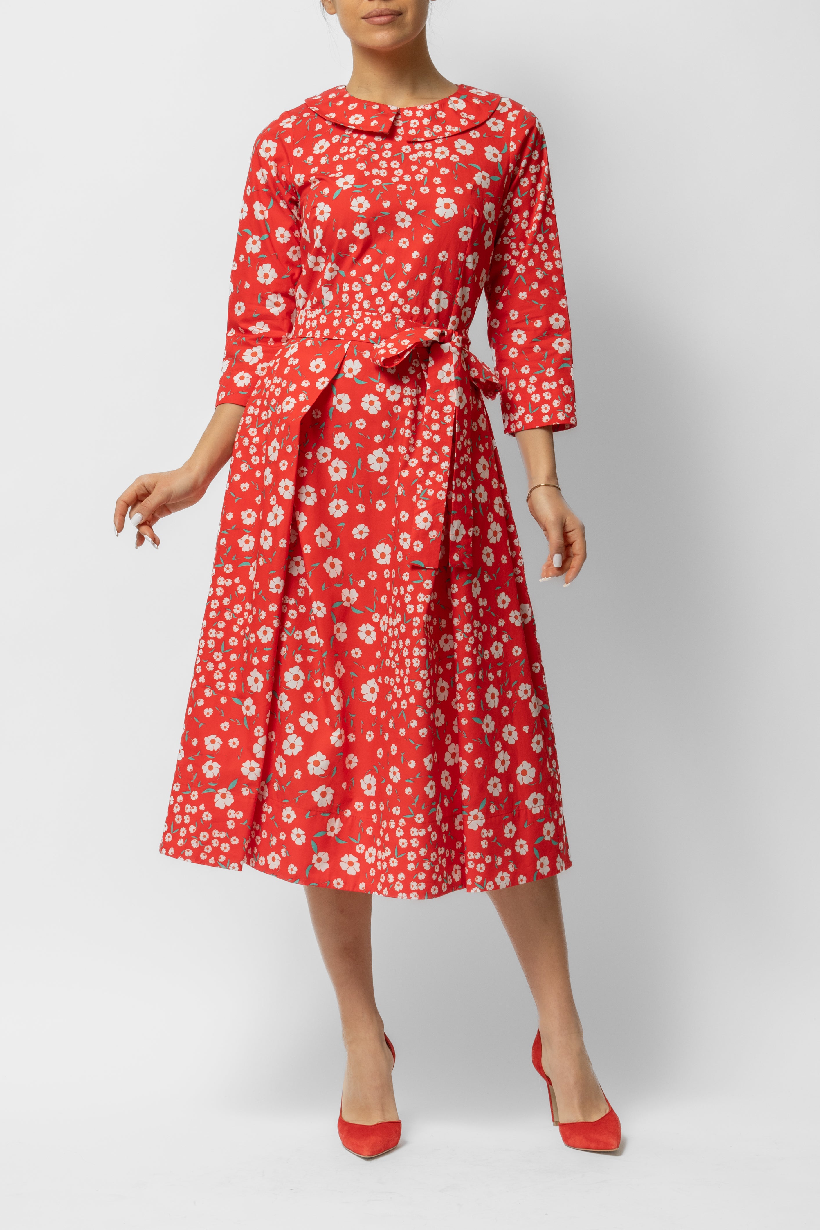 Rochie Midi cu Maneca 3/4 si Imprimeu din Bumbac, Rosie