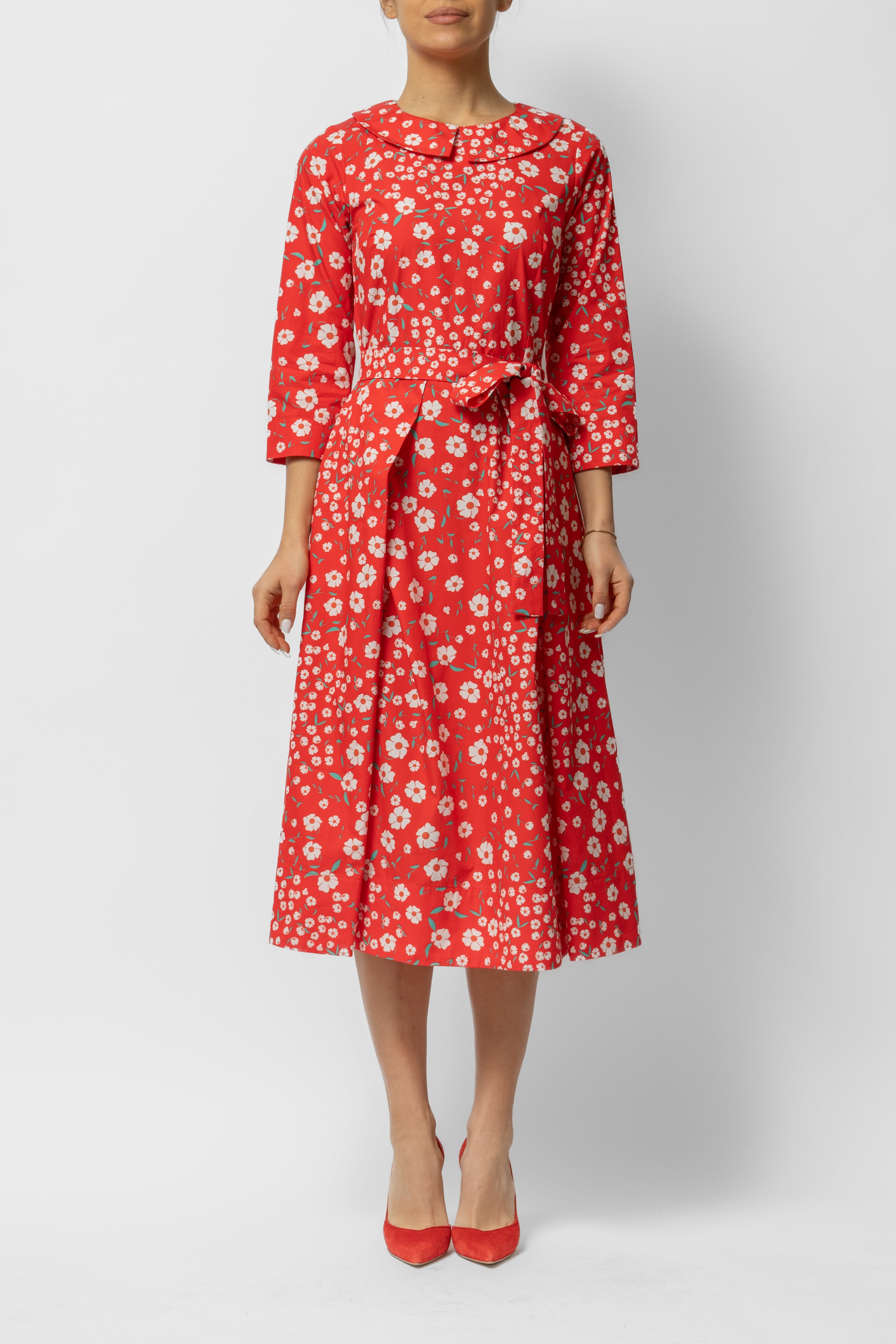 Rochie Midi cu Maneca 3/4 si Imprimeu din Bumbac, Rosie