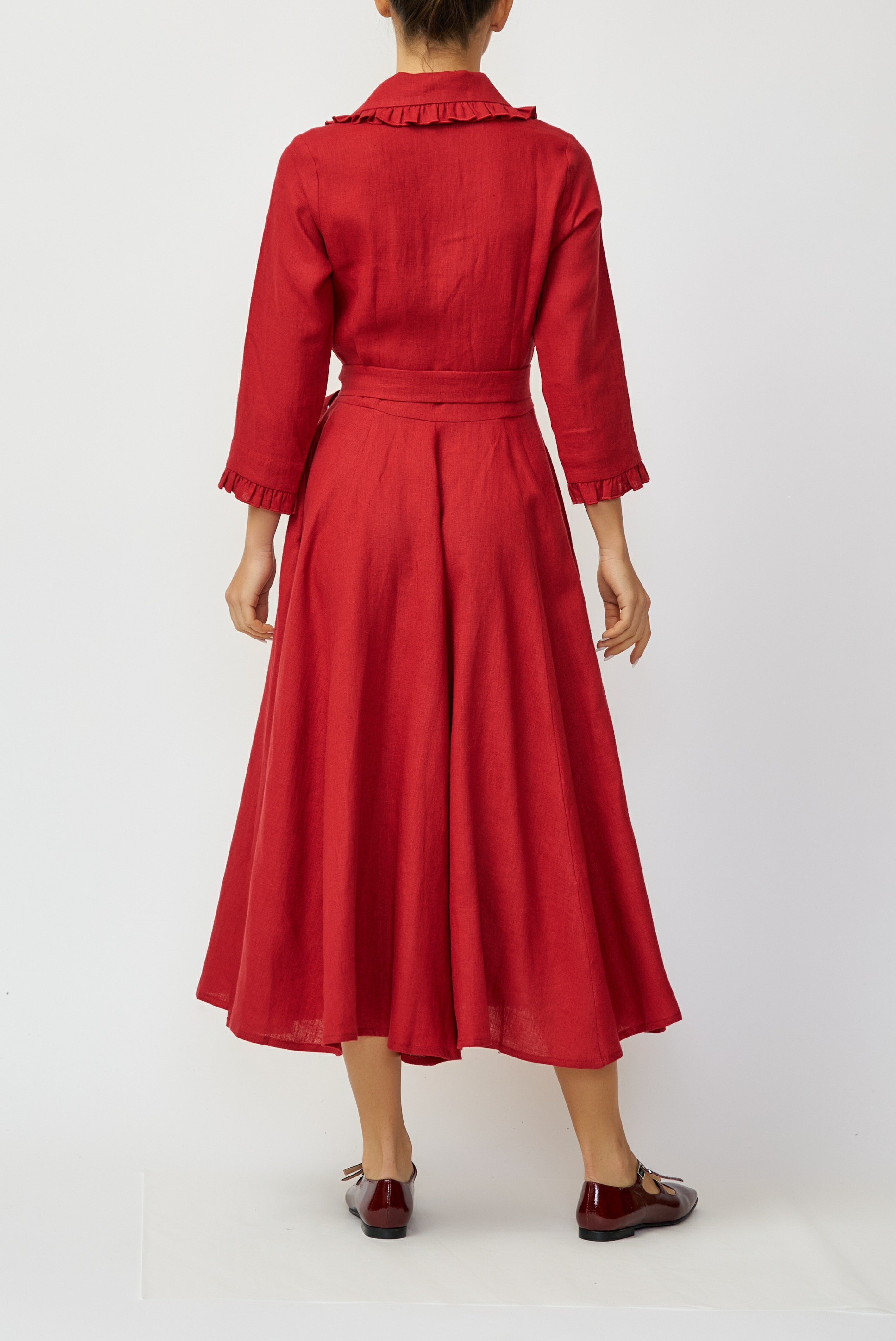 Linen Midi Shirt Dress, Red