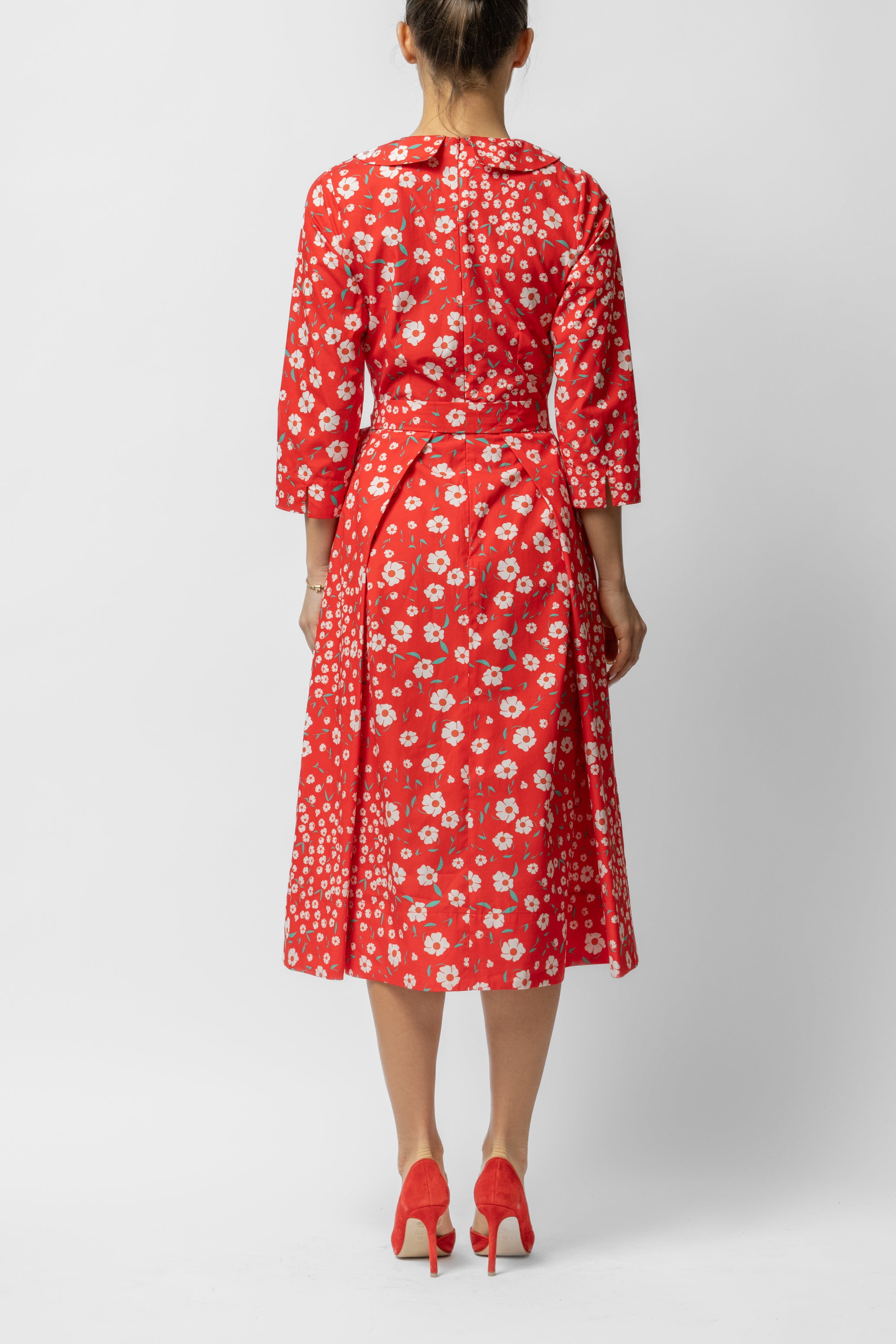 Rochie Midi cu Maneca 3/4 si Imprimeu din Bumbac, Rosie