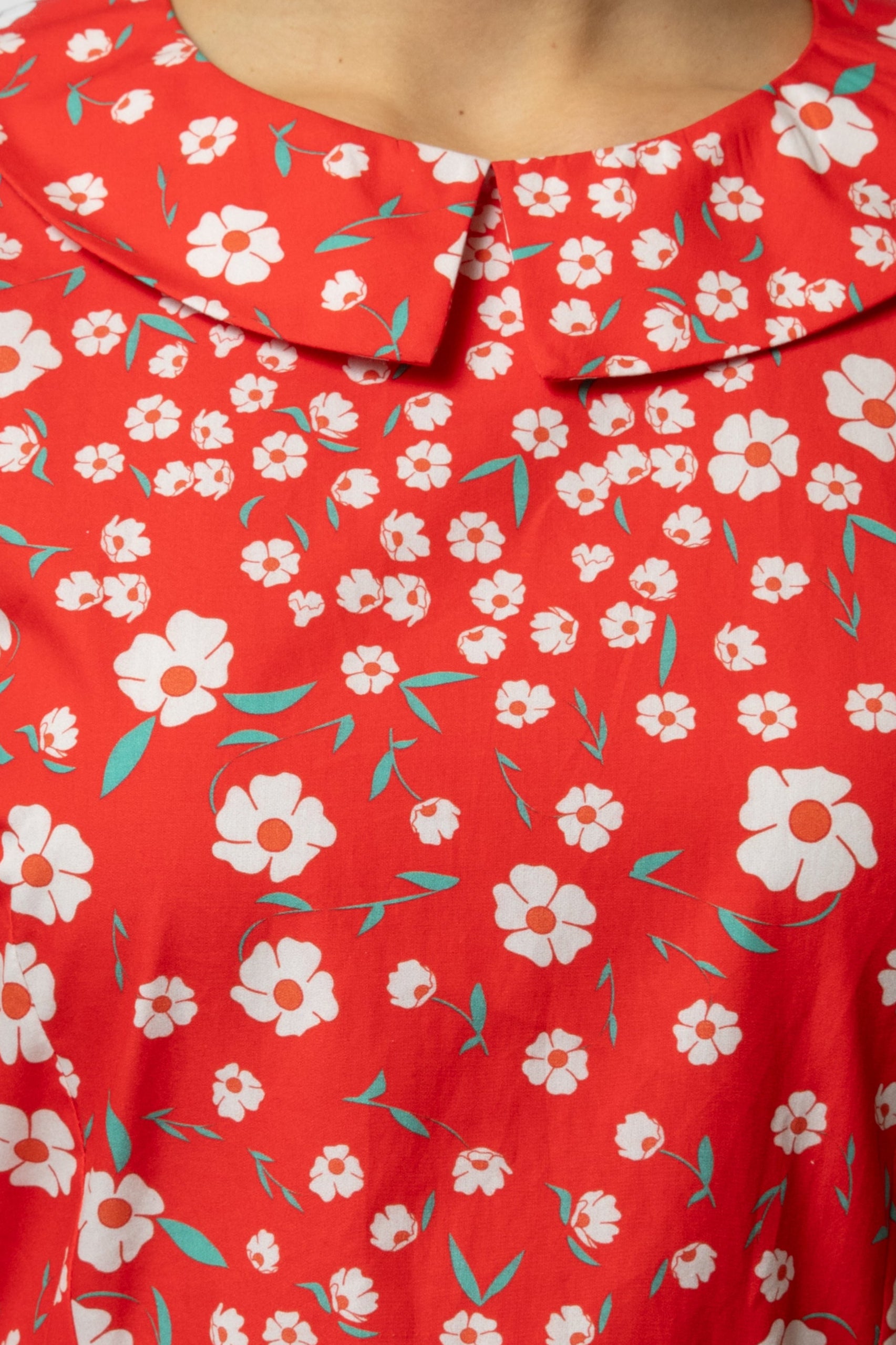 Rochie Midi cu Maneca 3/4 si Imprimeu din Bumbac, Rosie