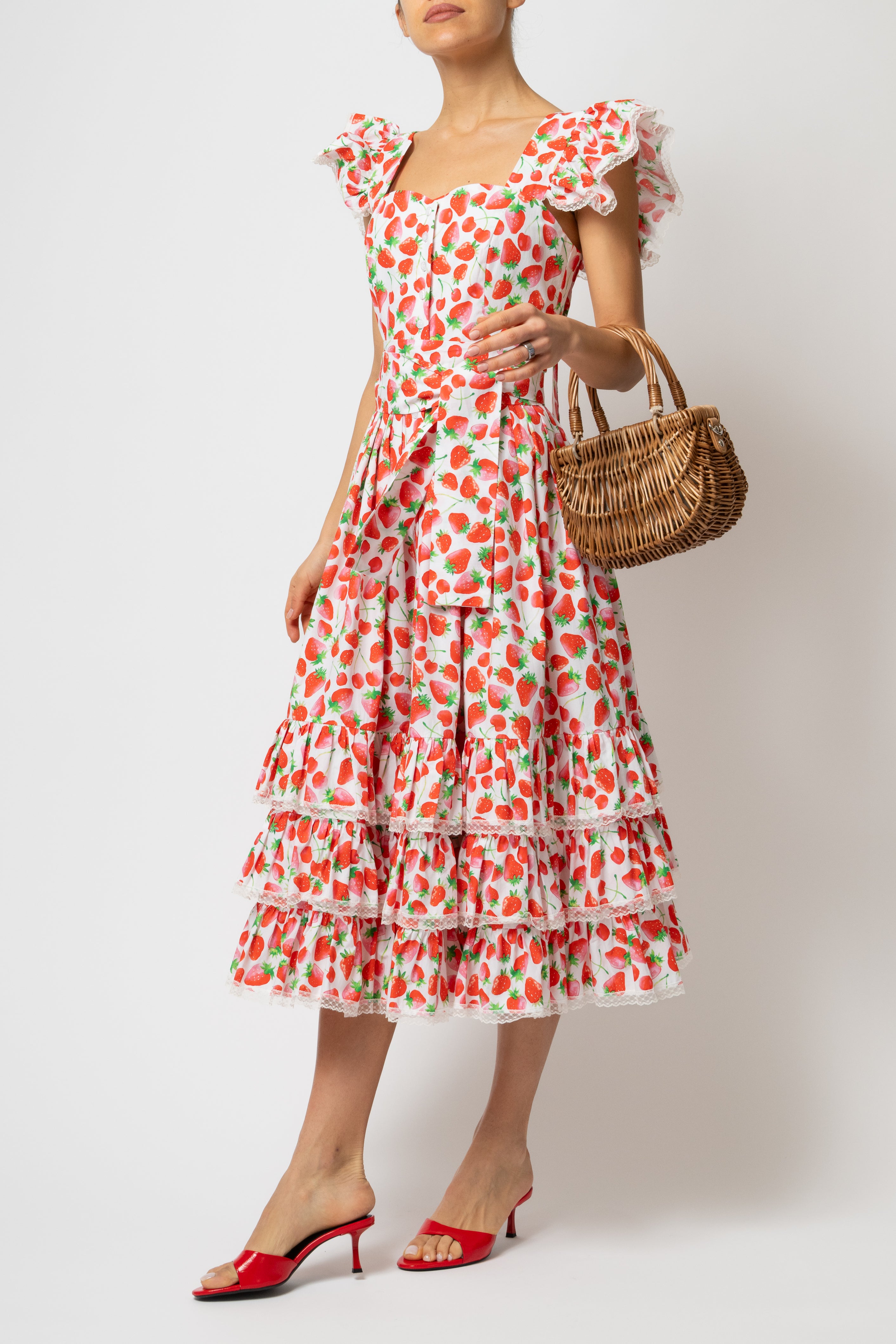 Rochie Midi cu Volane si Imprimeu de Capsuni, din Bumbac