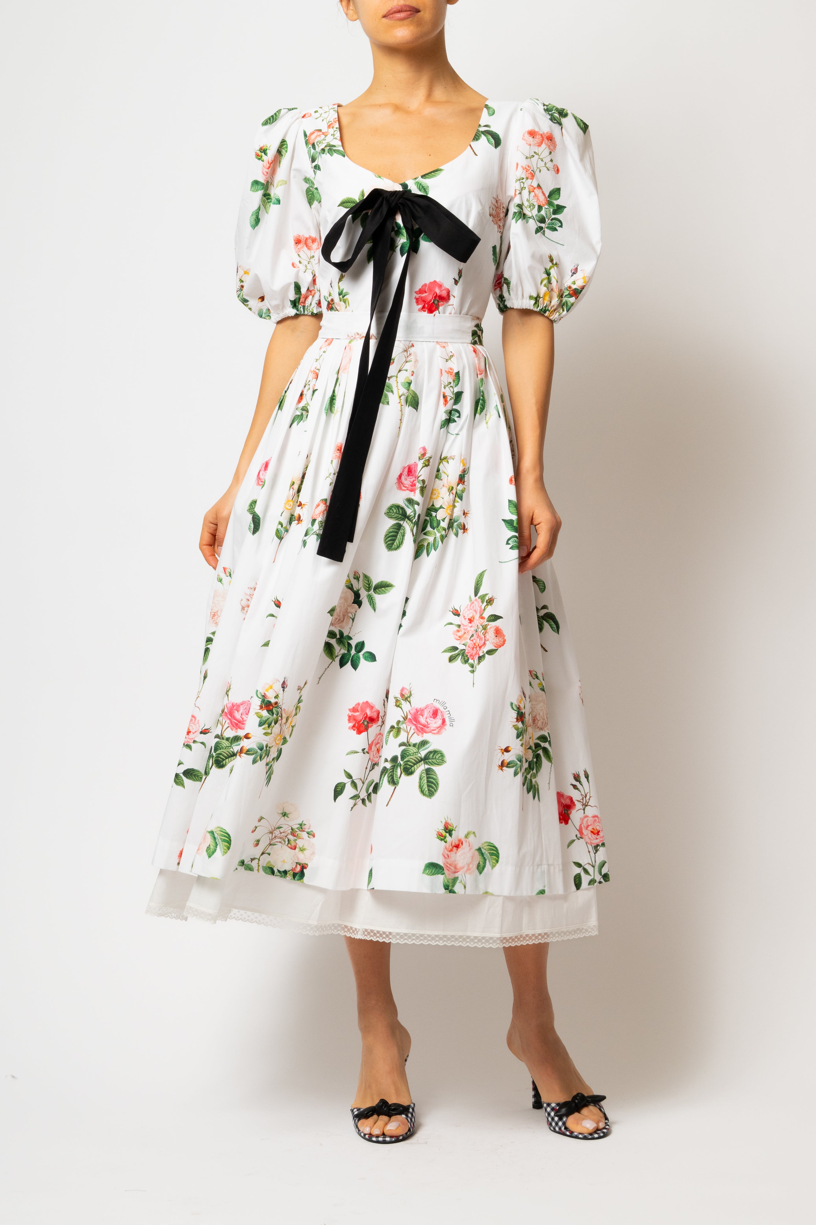 Rochie Midi cu Maneci Bufante cu Trandafiri pe Alb, din Bumbac