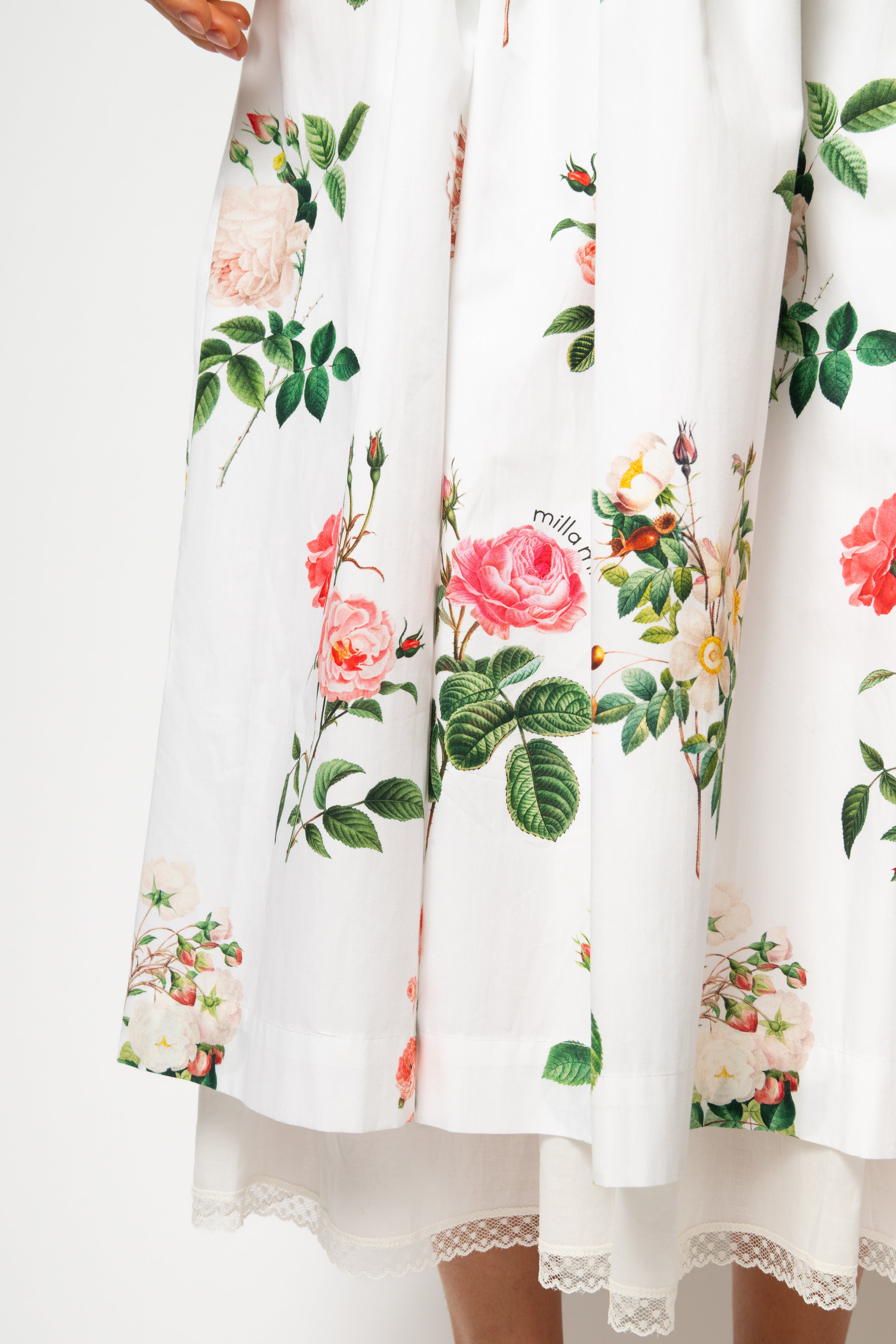 Rochie Midi cu Maneci Bufante cu Trandafiri pe Alb, din Bumbac