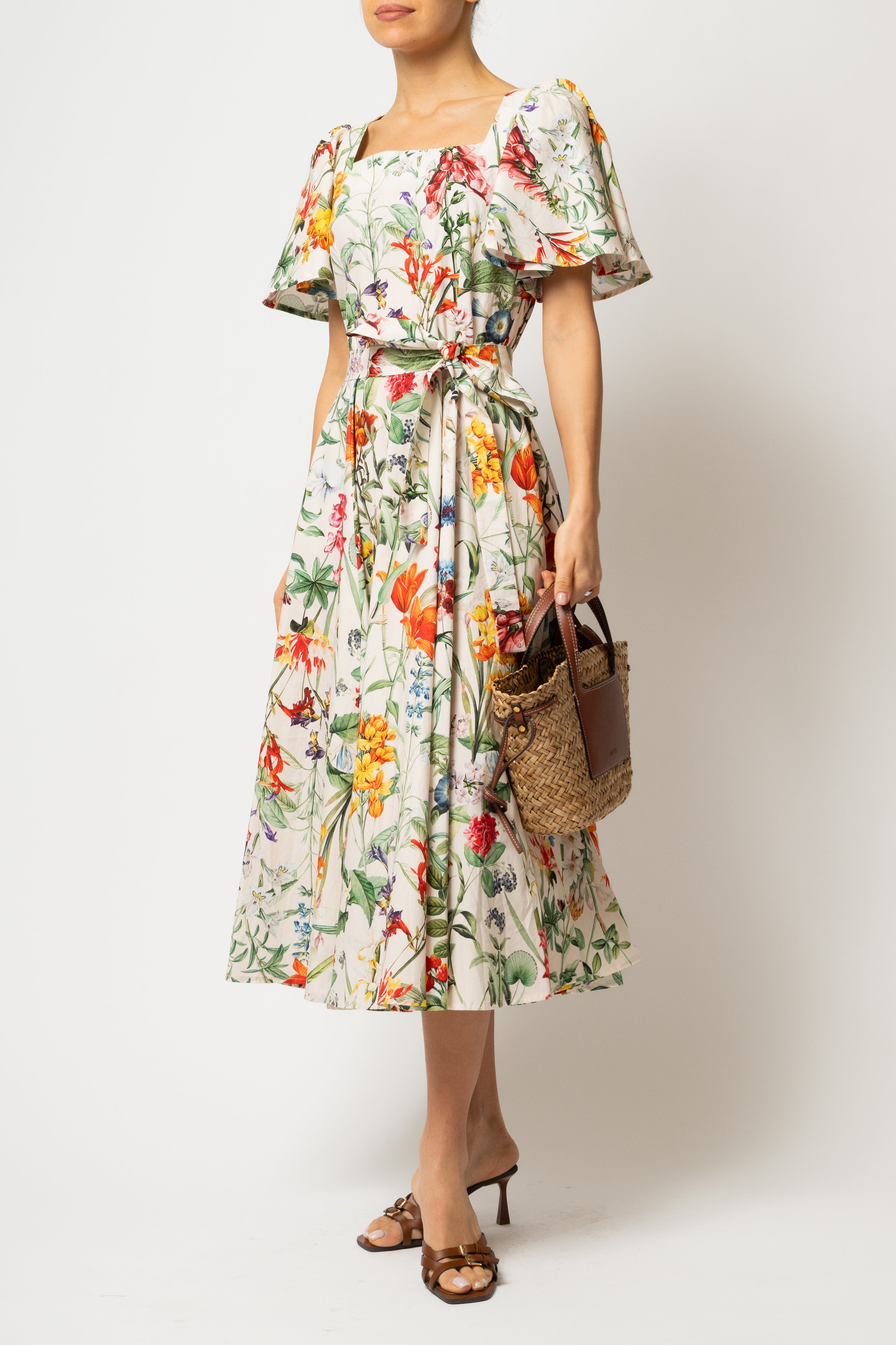 Rochie Midi Clos, cu Decolteu Patrat, din Bumbac cu Print Botanic