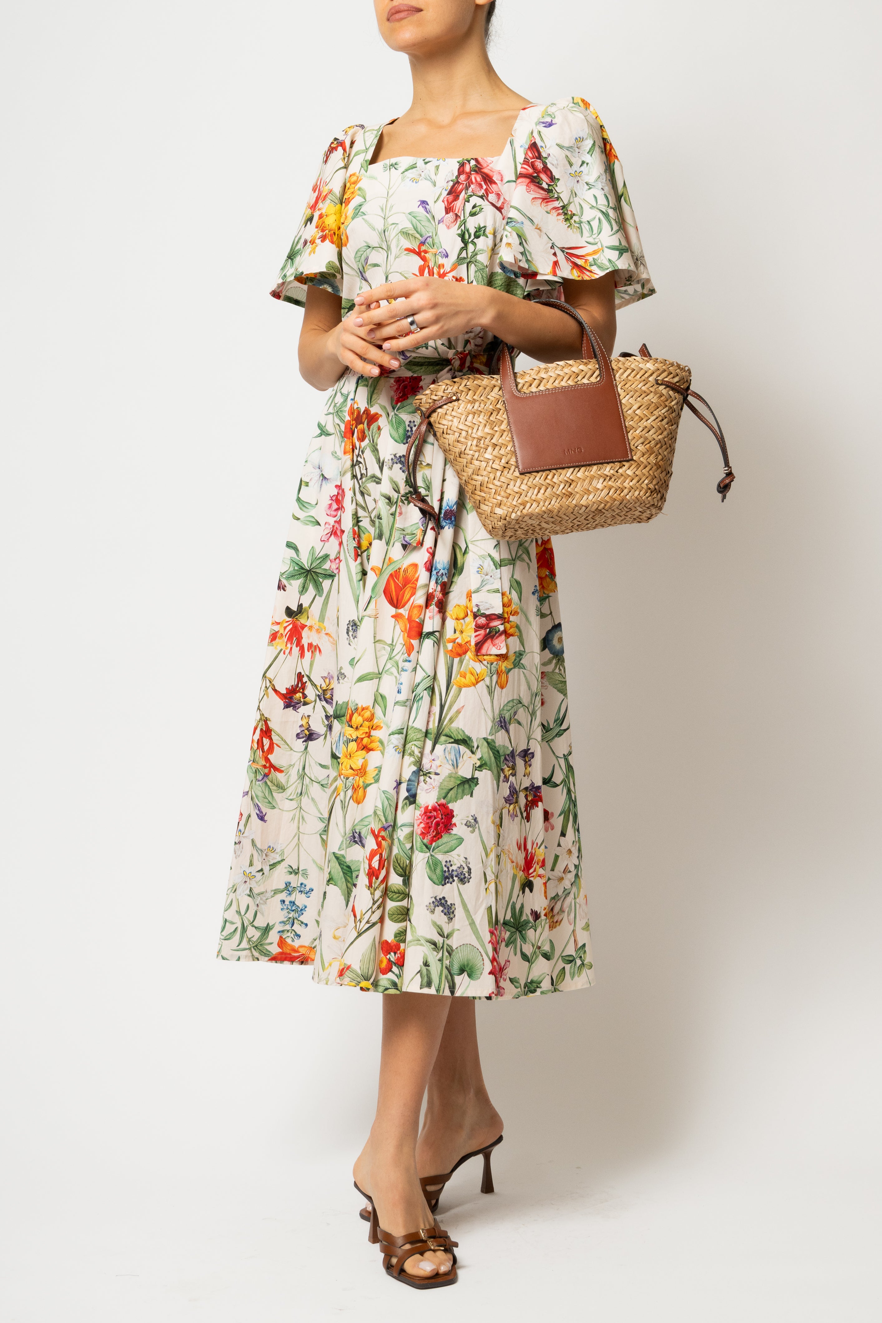 Rochie Midi Clos, cu Decolteu Patrat, din Bumbac cu Print Botanic