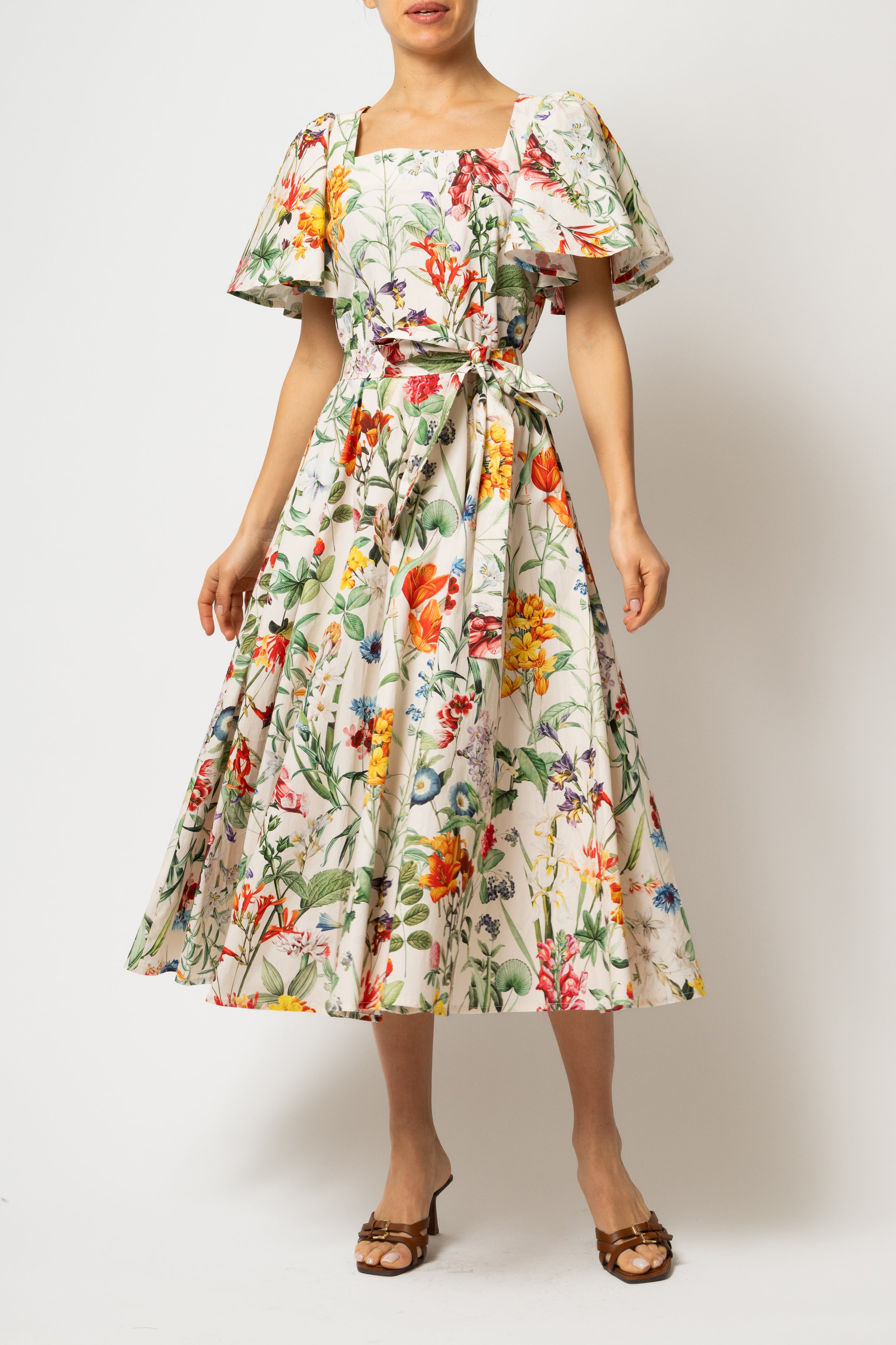 Rochie Midi Clos, cu Decolteu Patrat, din Bumbac cu Print Botanic