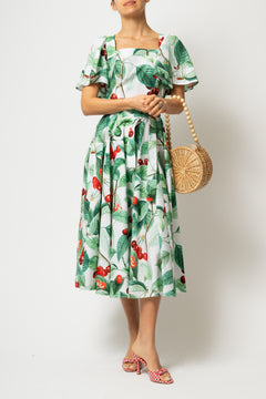 Rochie Midi Clos, cu Decolteu Patrat, din Bumbac cu Cirese
