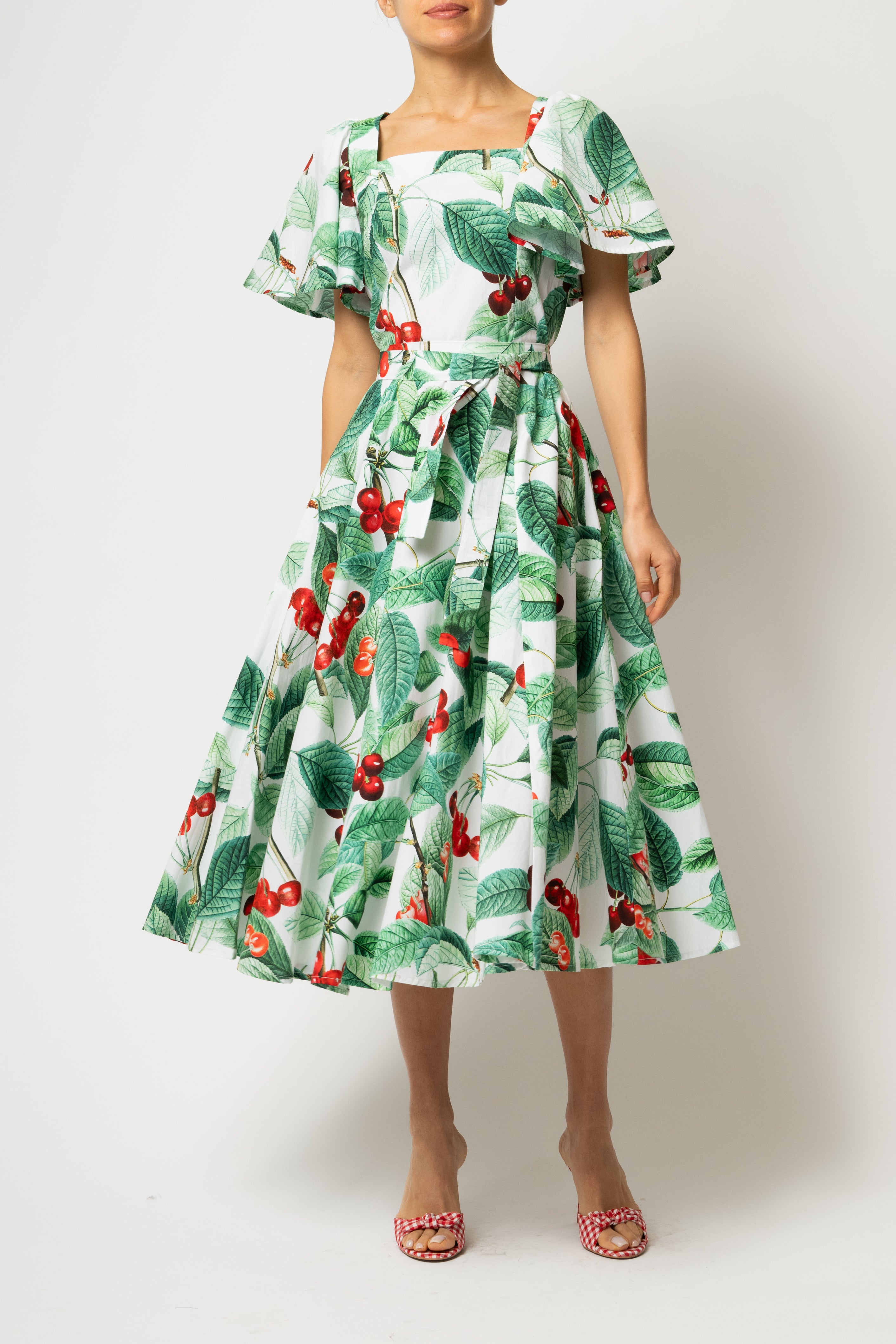 Rochie Midi Clos, cu Decolteu Patrat, din Bumbac cu Cirese