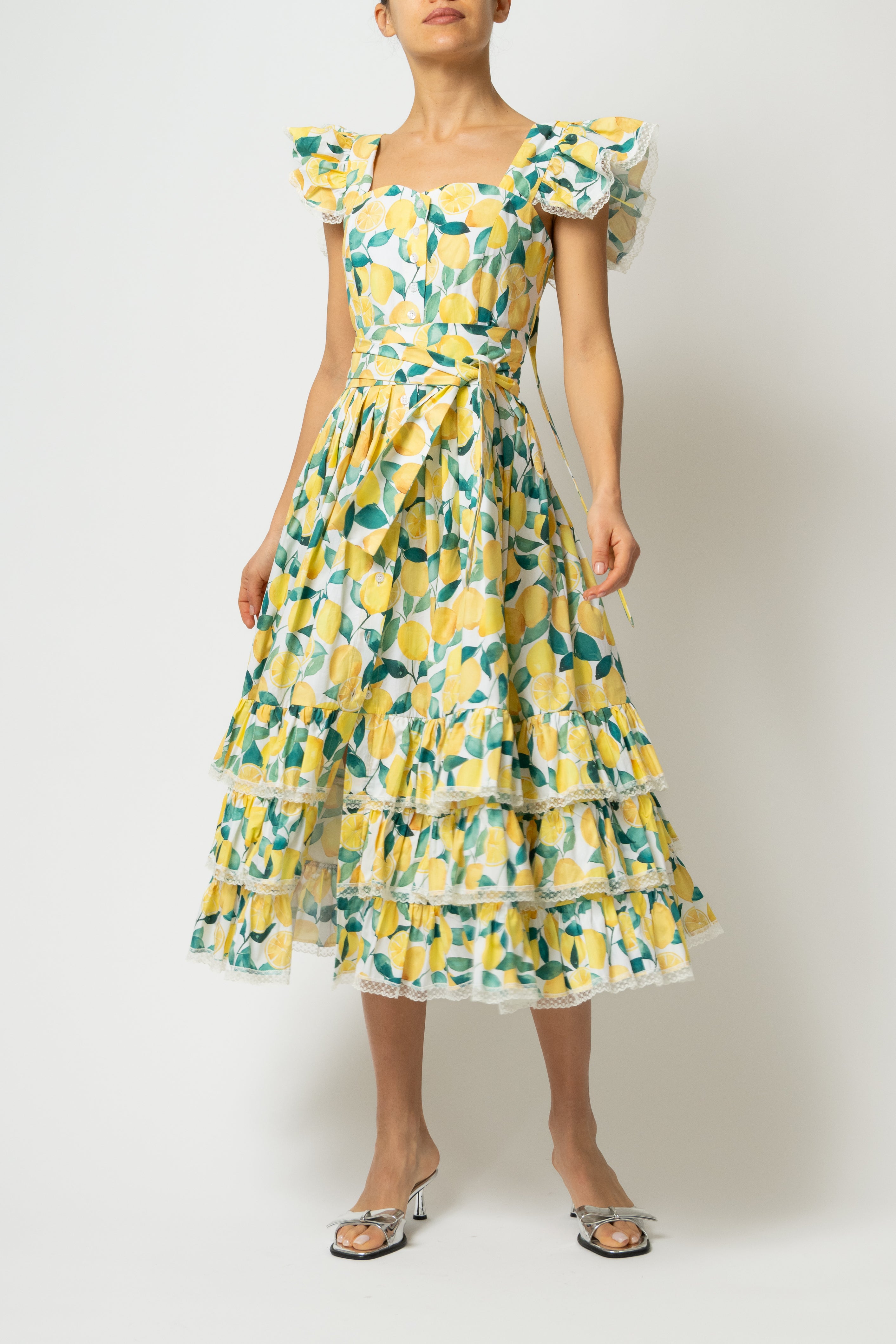 Rochie Midi cu Volane si Imprimeu de Lamai, din Bumbac
