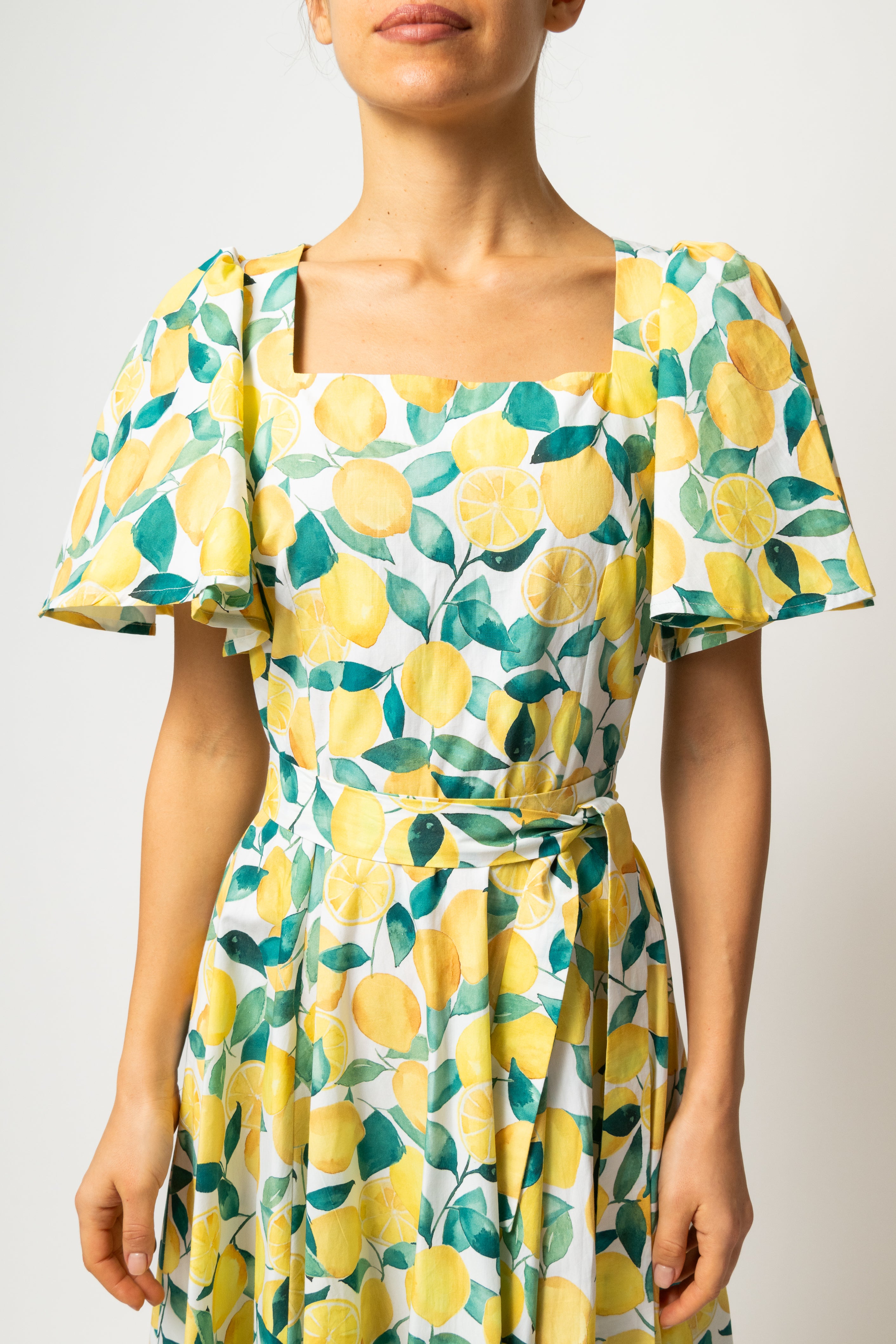 Rochie Midi Clos, cu Decolteu Patrat, din Bumbac cu Lamai