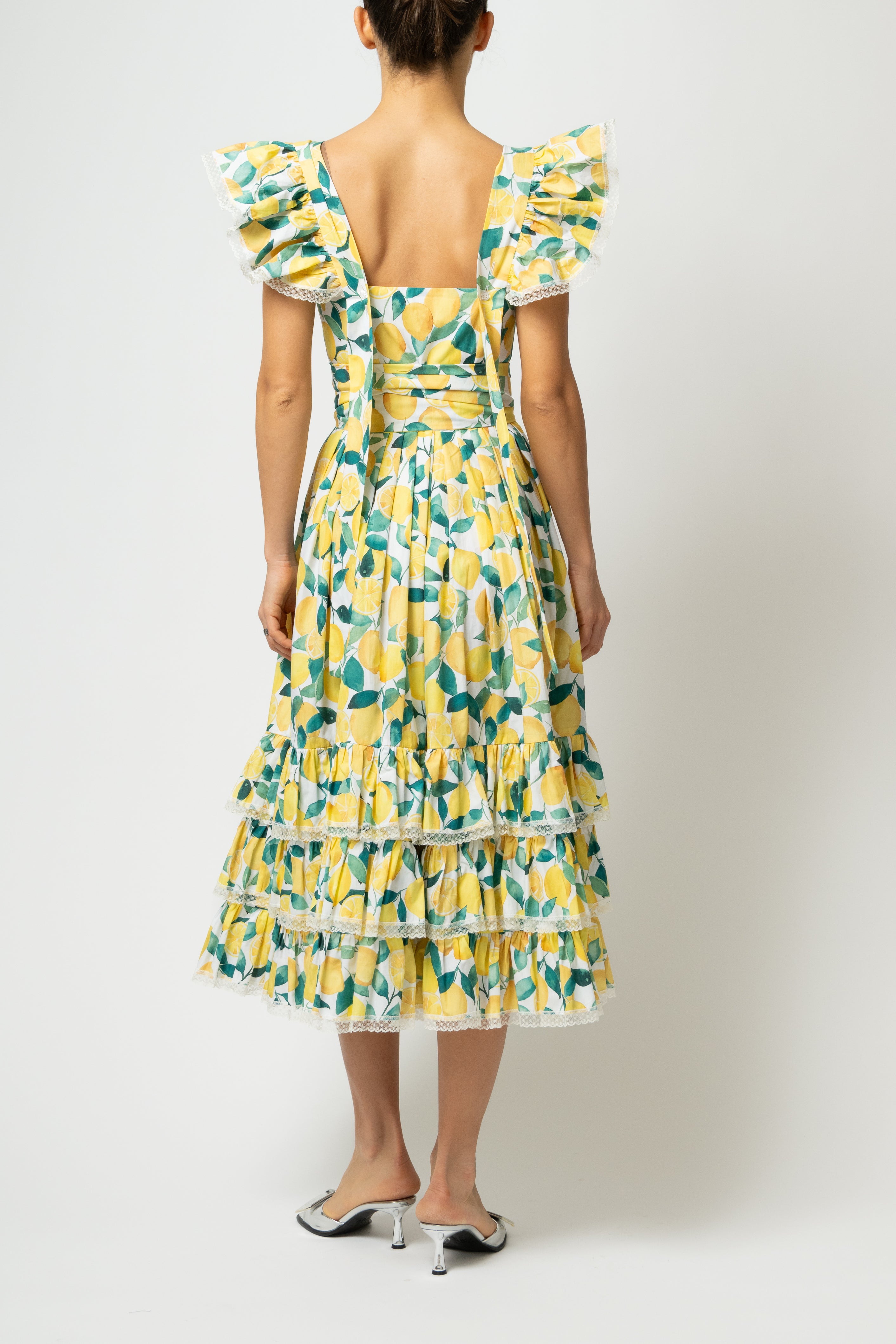 Rochie Midi cu Volane si Imprimeu de Lamai, din Bumbac