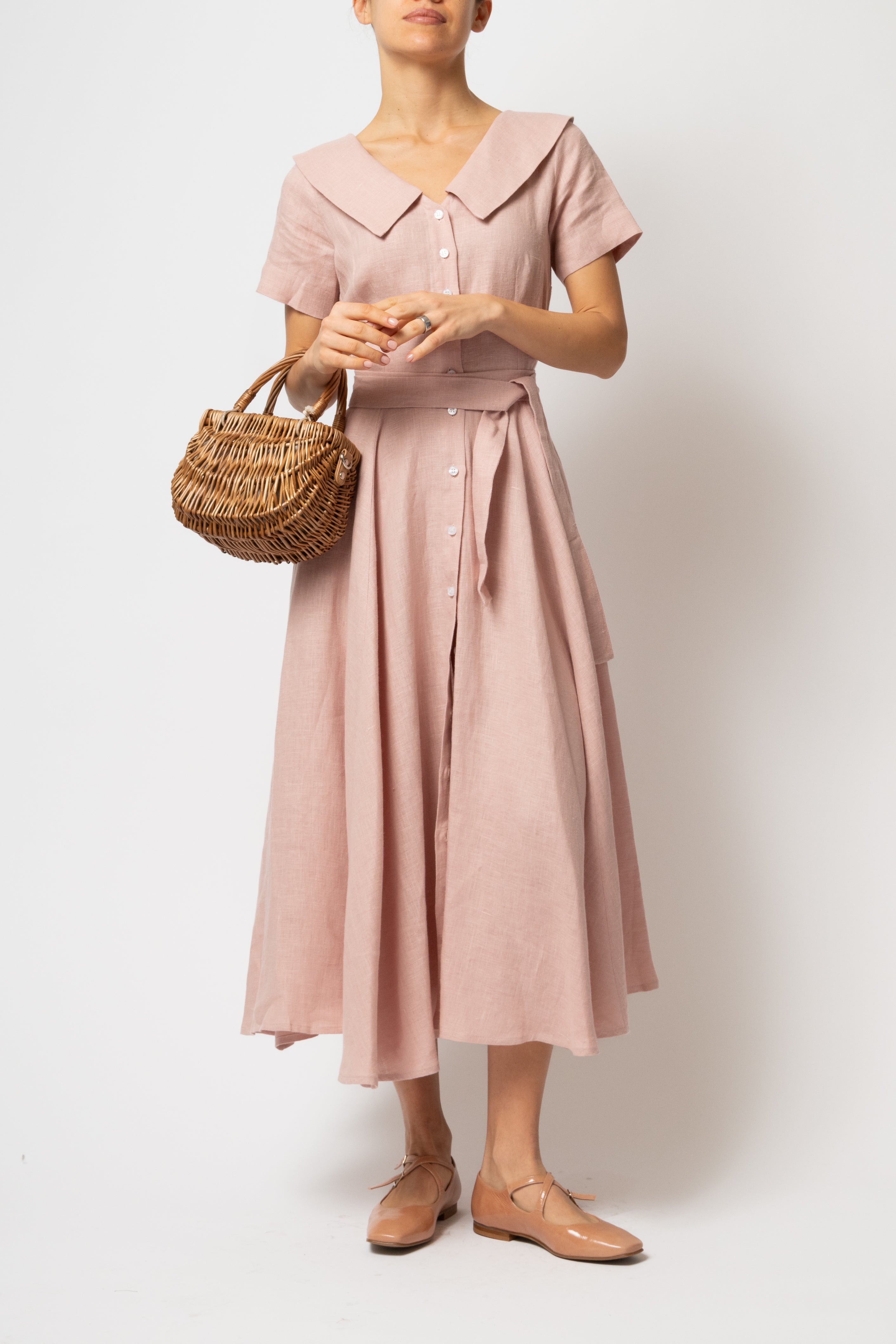 Rochie Camasa Midi cu Guler in V, din In Roz