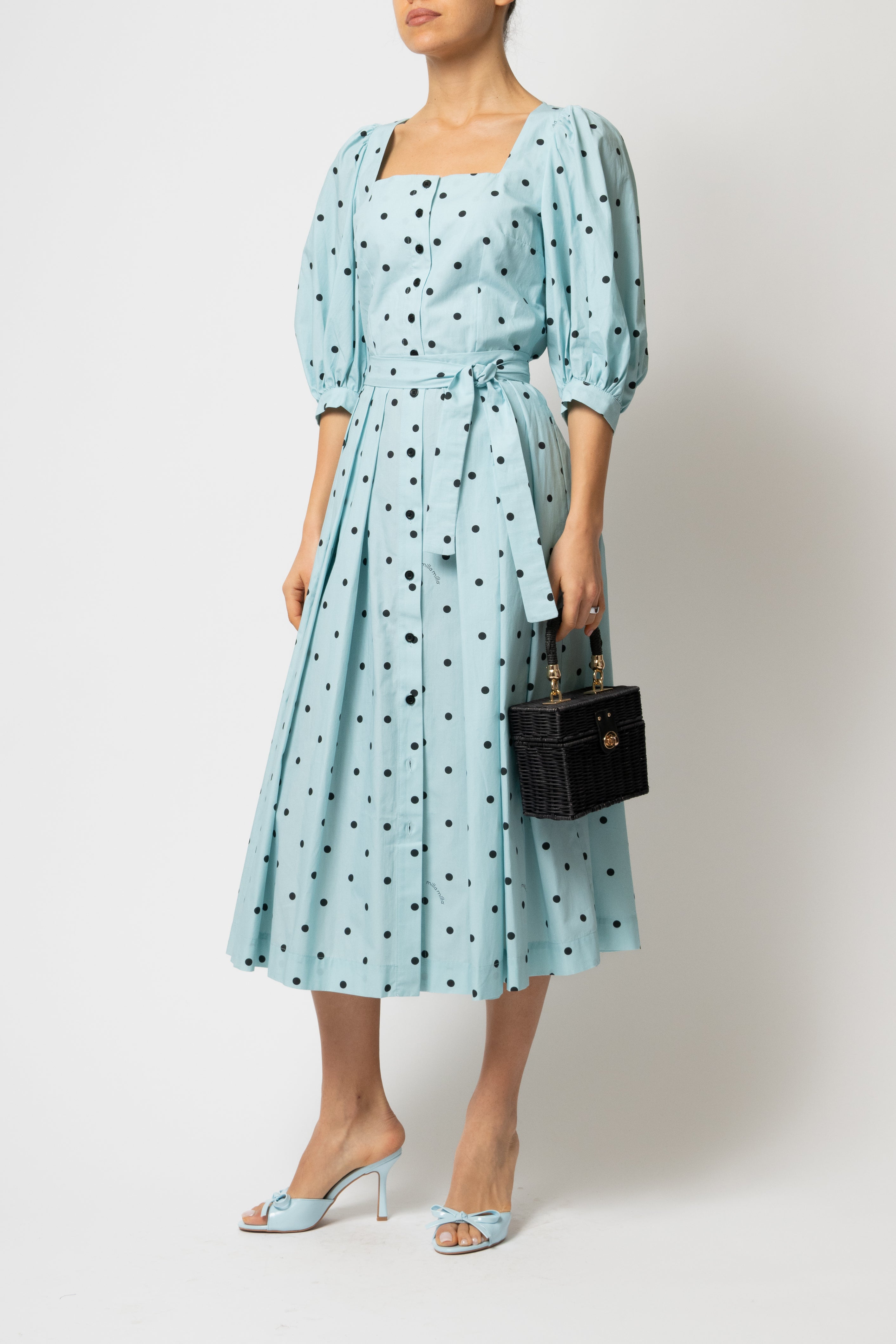 Rochie Midi, cu Decolteu Patrat si Nasturi, din Bumbac cu Buline