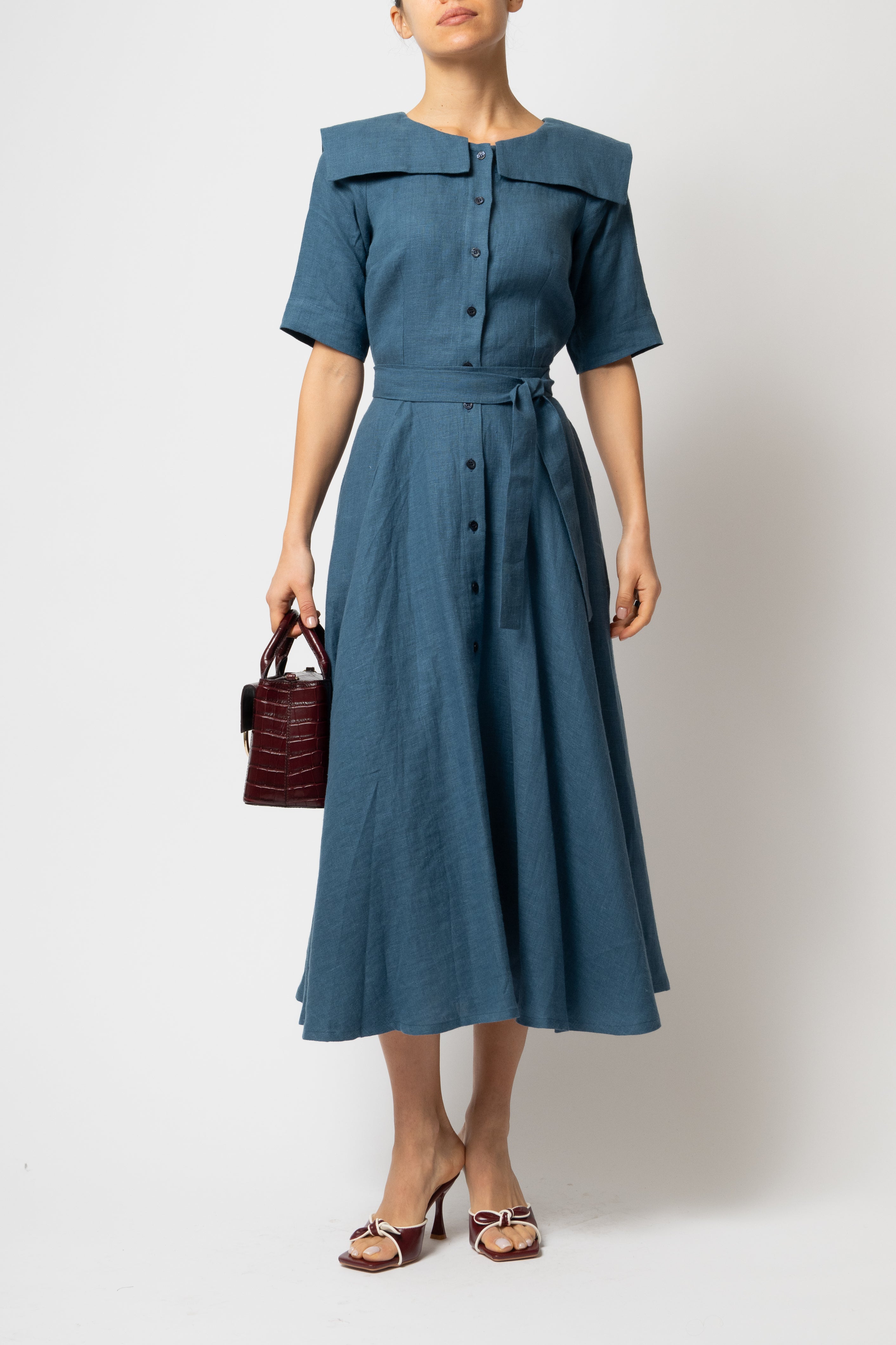 Rochie Camasa Midi, cu Guler Patrat, din In Albastru Petrol