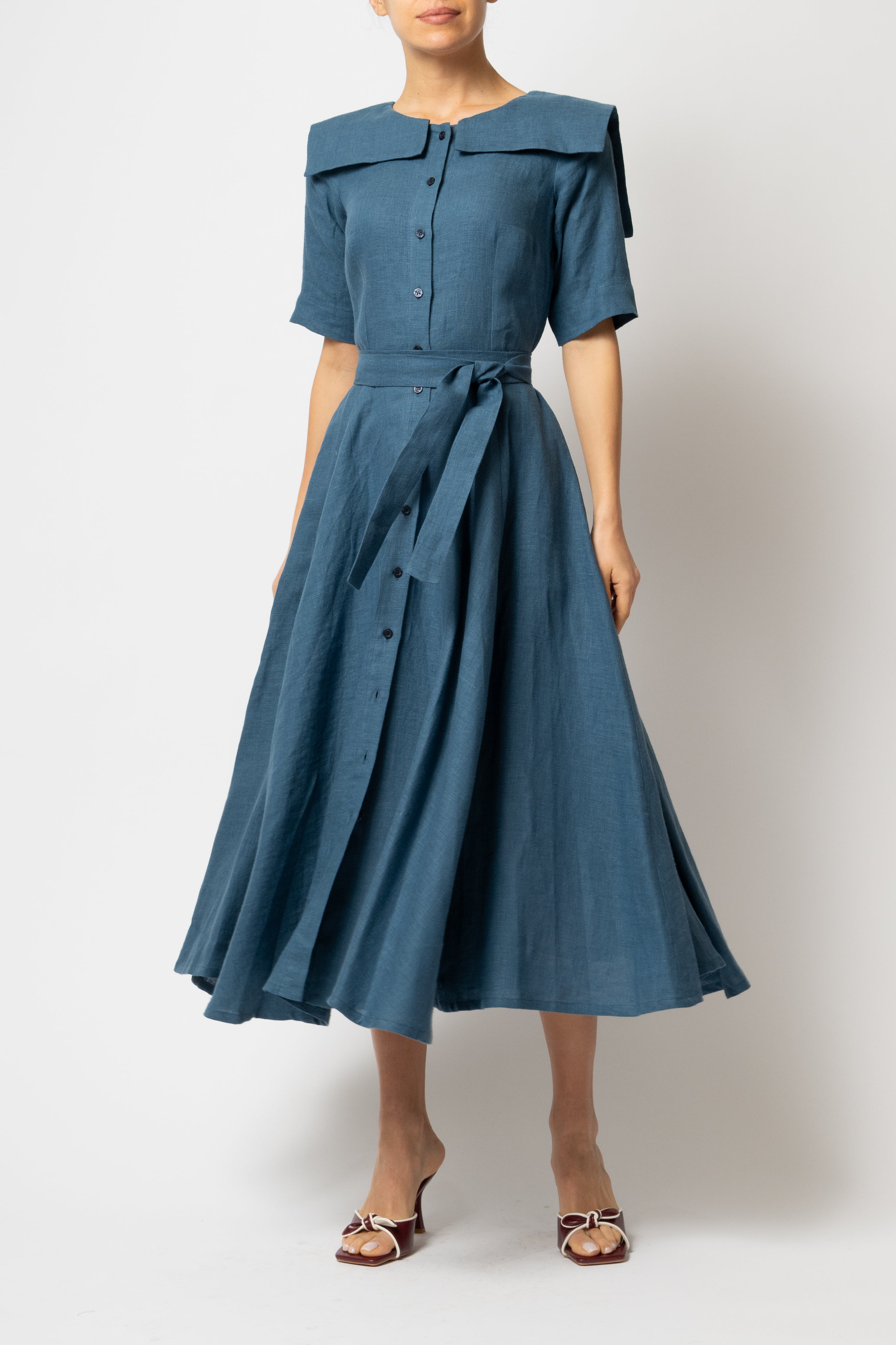 Rochie Camasa Midi, cu Guler Patrat, din In Albastru Petrol