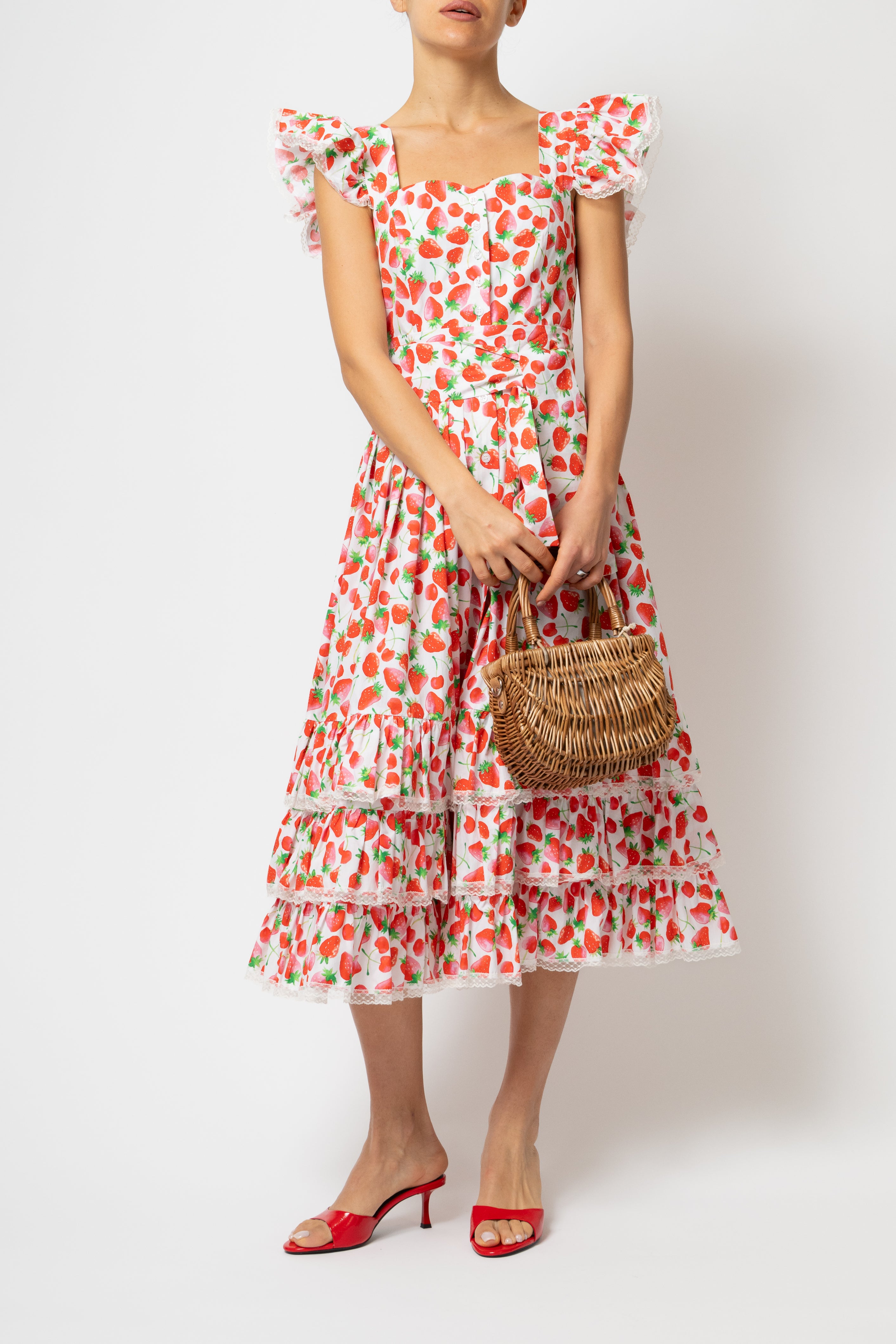Rochie Midi cu Volane si Imprimeu de Capsuni, din Bumbac