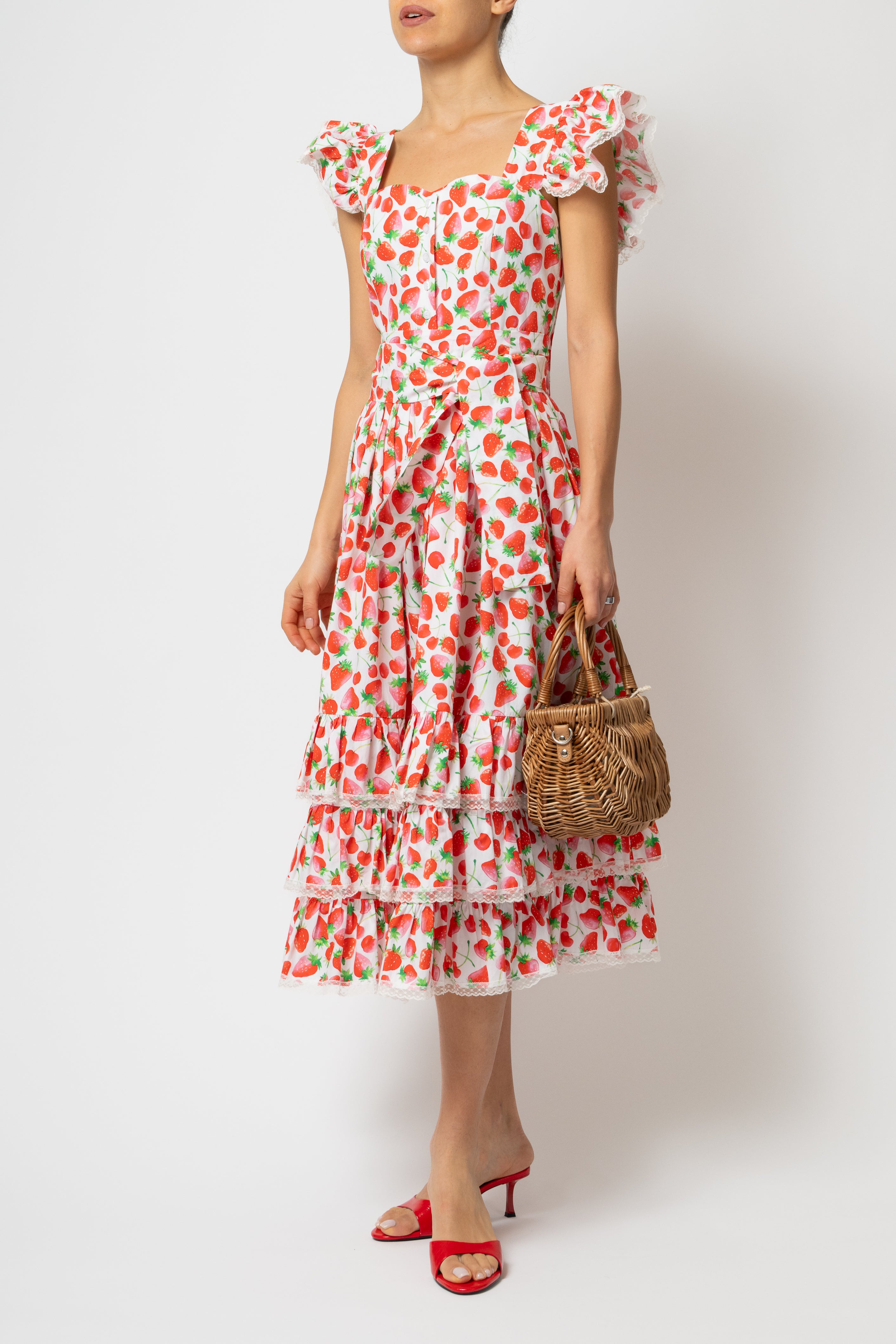 Rochie Midi cu Volane si Imprimeu de Capsuni, din Bumbac
