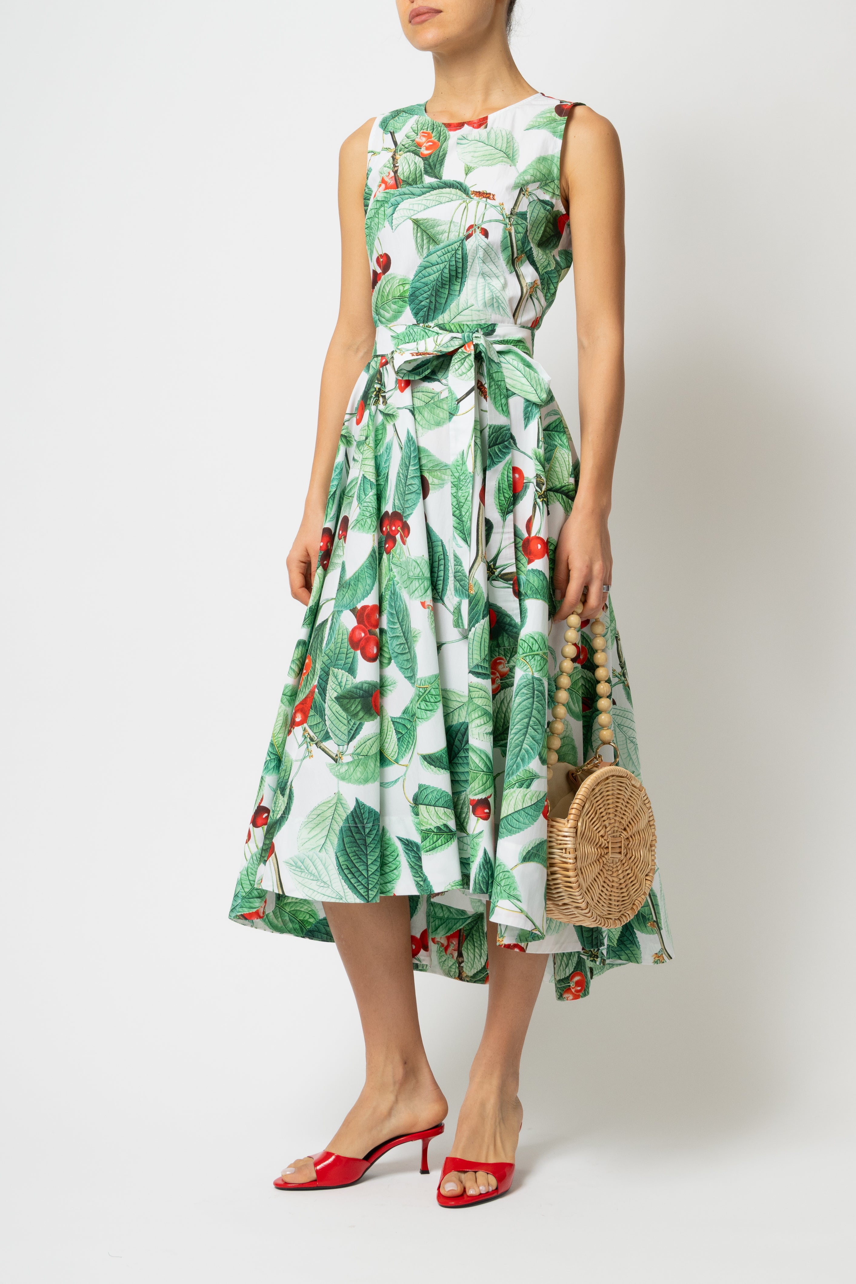Rochie Midi cu Imprimeu de Cirese Mari, din Bumbac