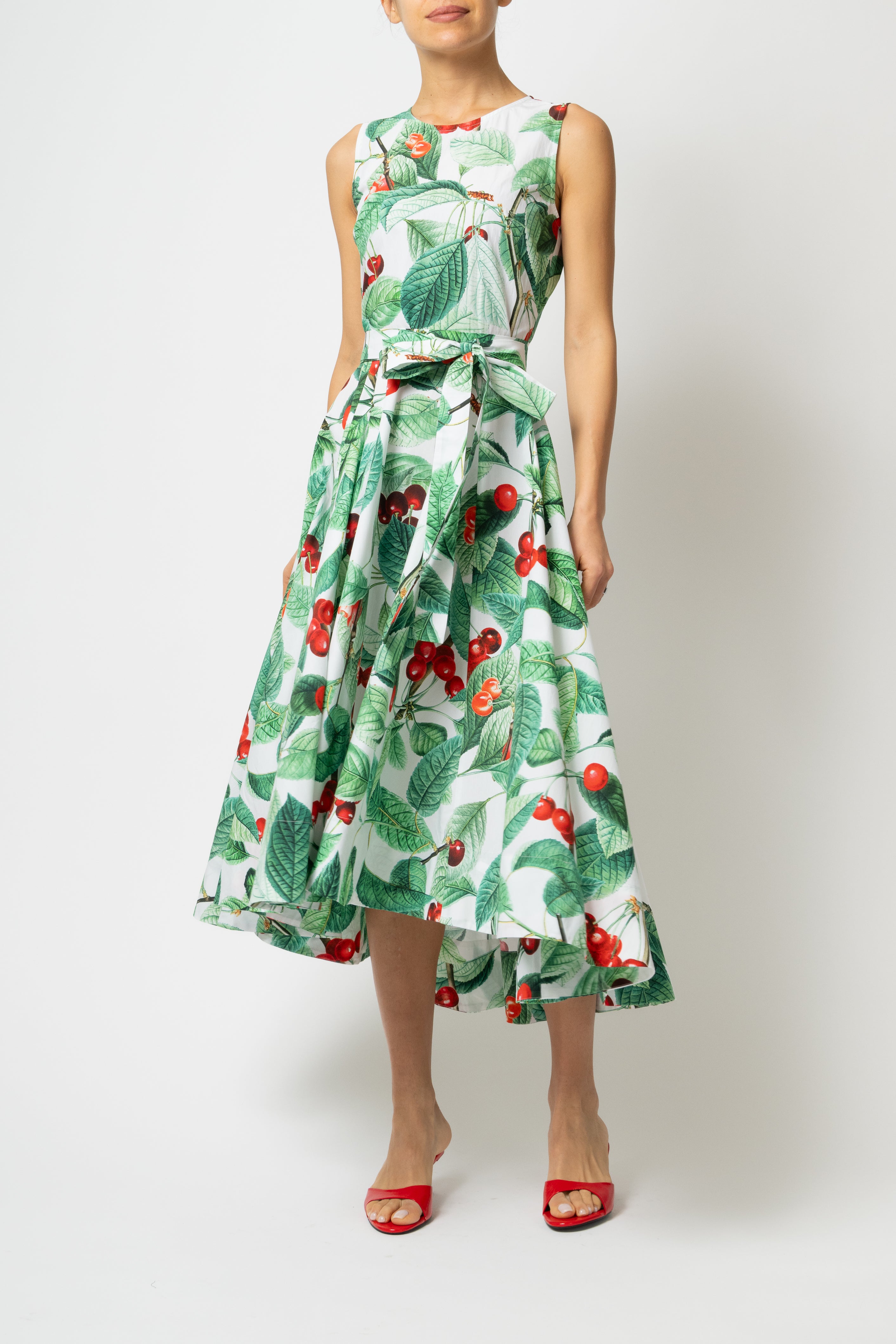 Rochie Midi cu Imprimeu de Cirese Mari, din Bumbac