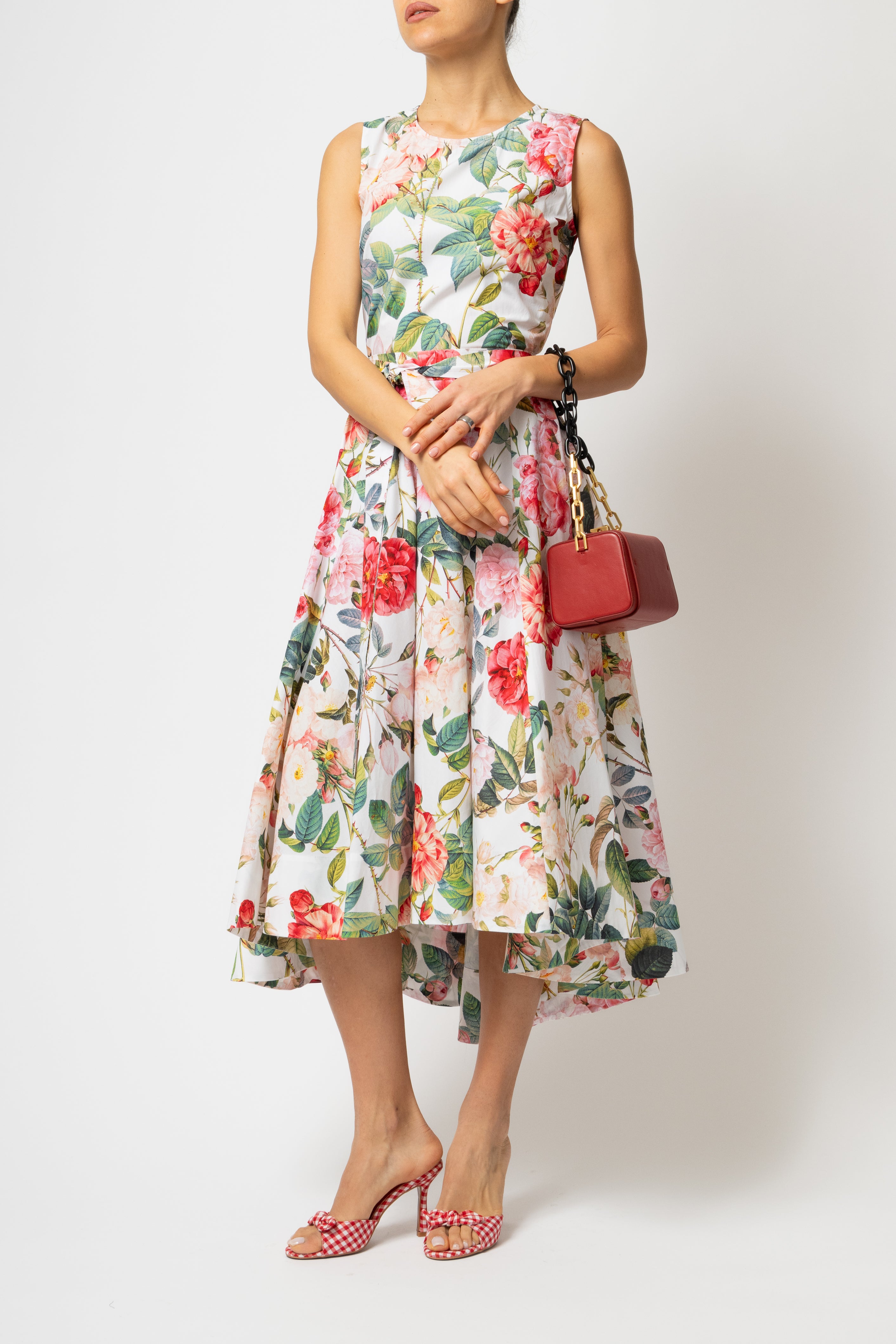Rochie Midi cu Imprimeu de Trandafiri Mari, din Bumbac