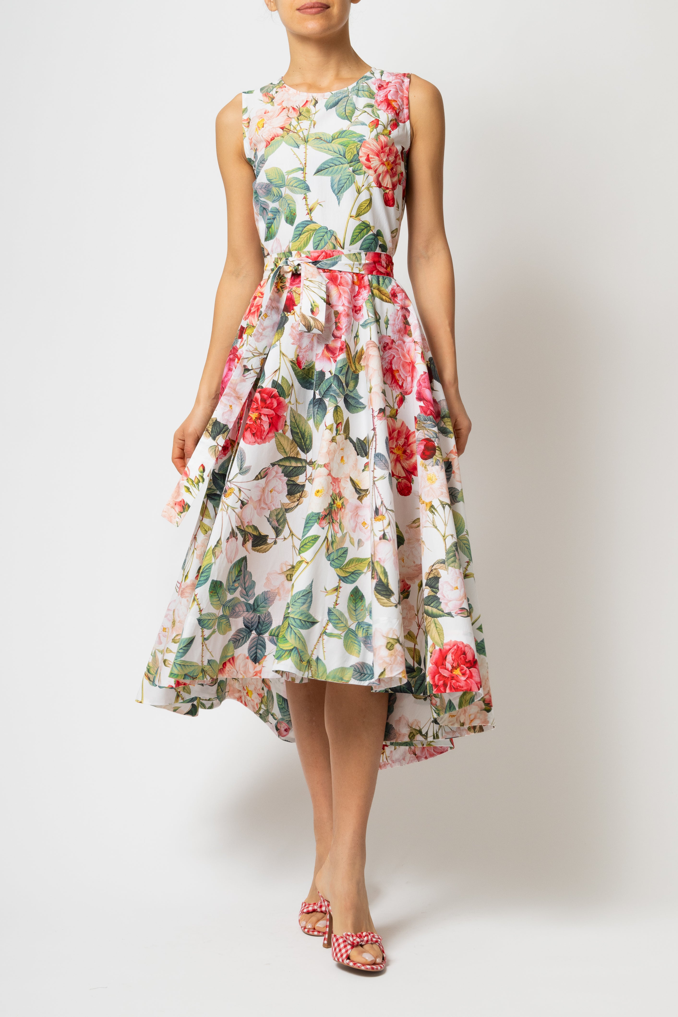 Rochie Midi cu Imprimeu de Trandafiri Mari, din Bumbac