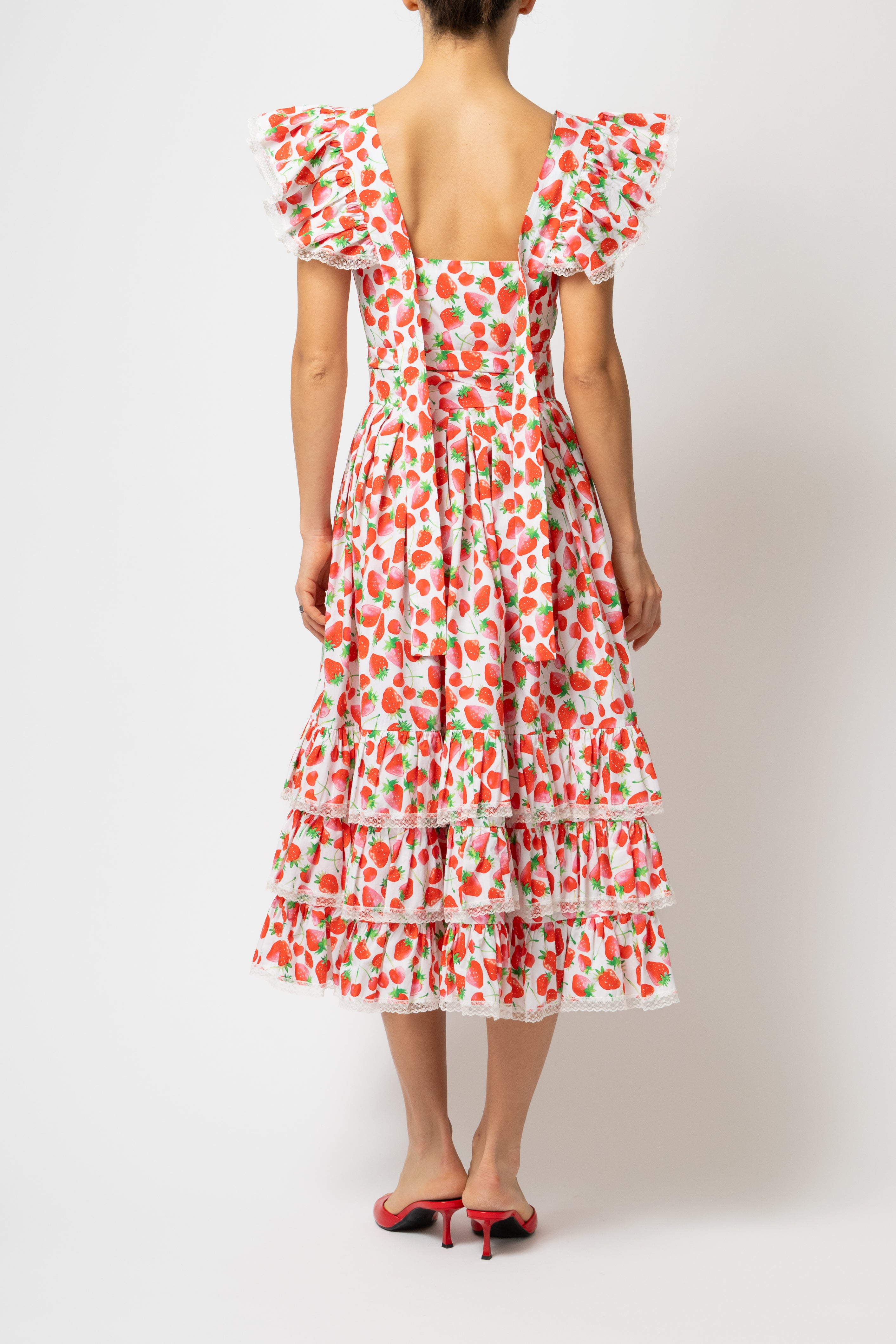 Rochie Midi cu Volane si Imprimeu de Capsuni, din Bumbac