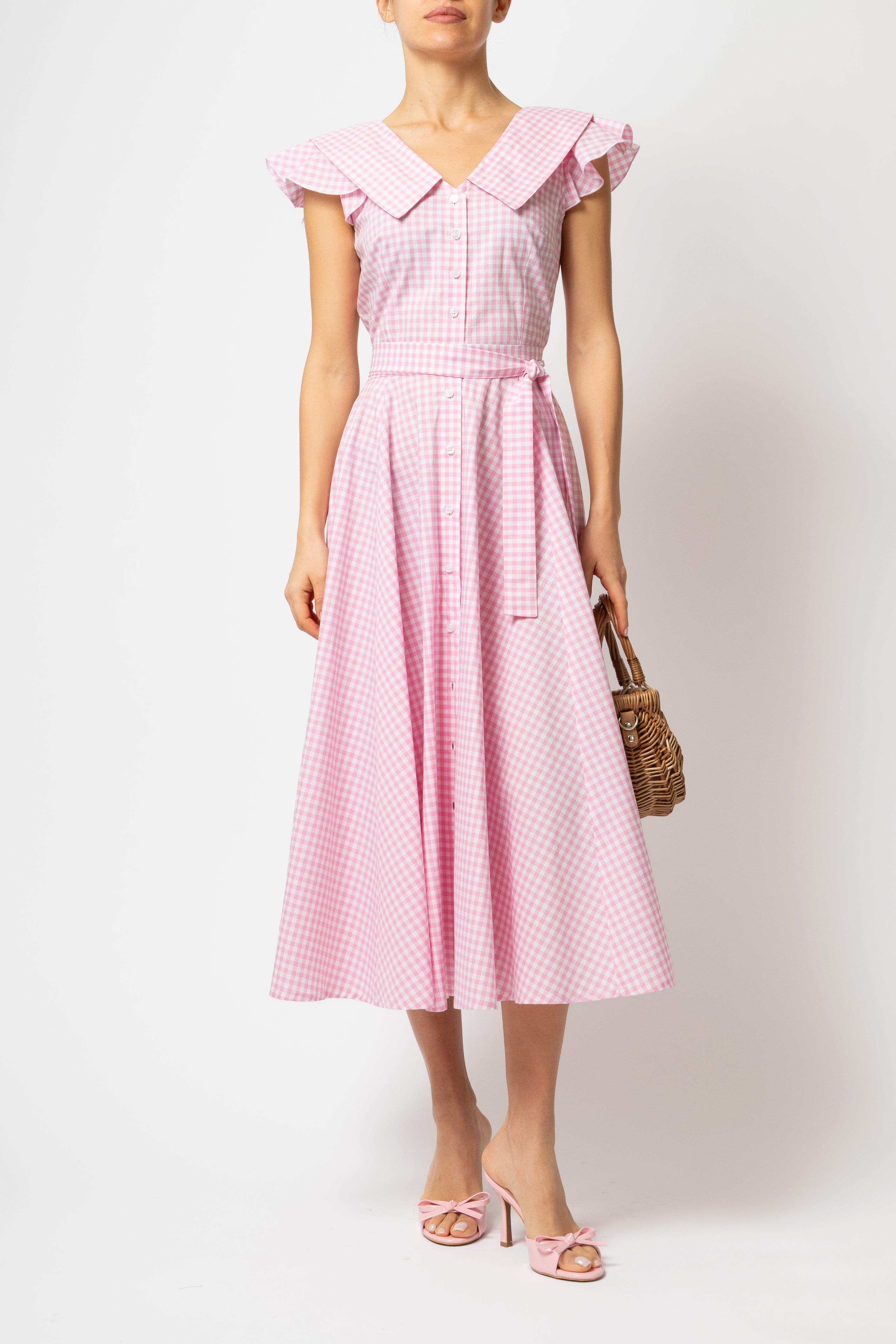 Rochie Camasa Midi cu Guler in V, din Bumbac in Carouri Roz