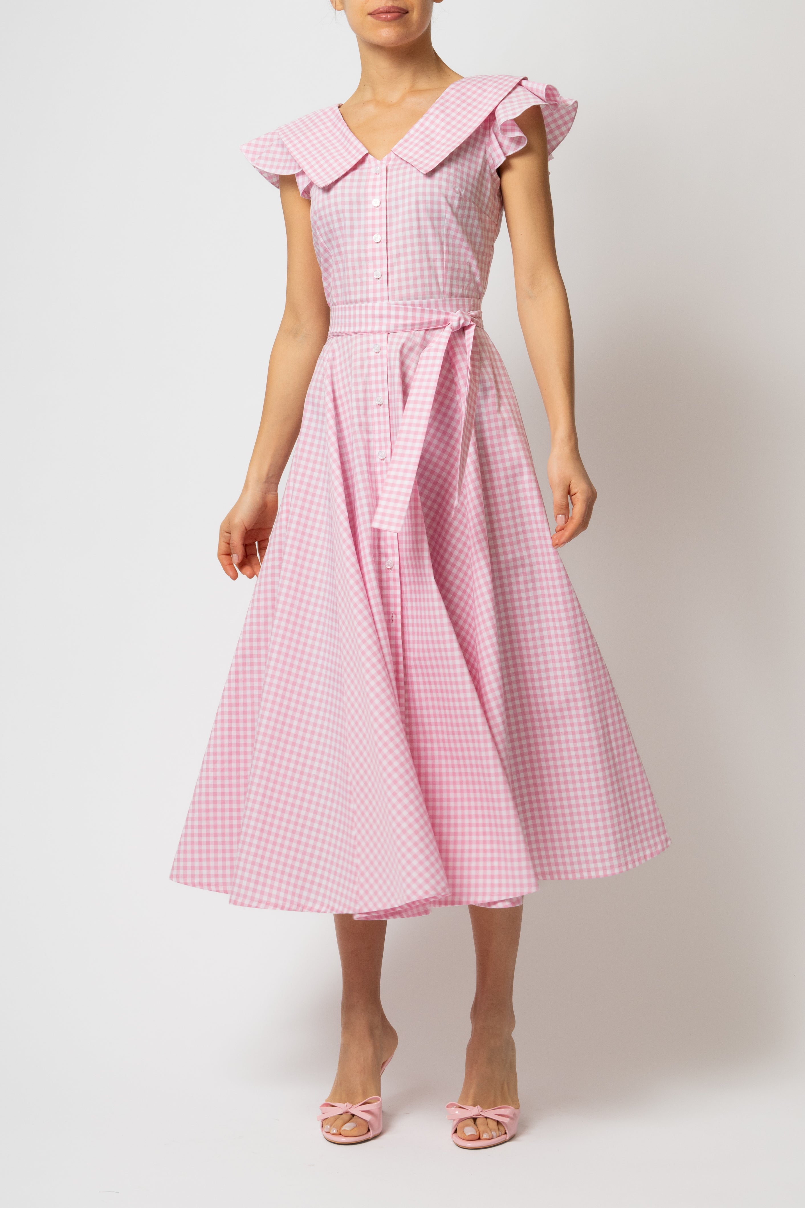 Rochie Camasa Midi cu Guler in V, din Bumbac in Carouri Roz