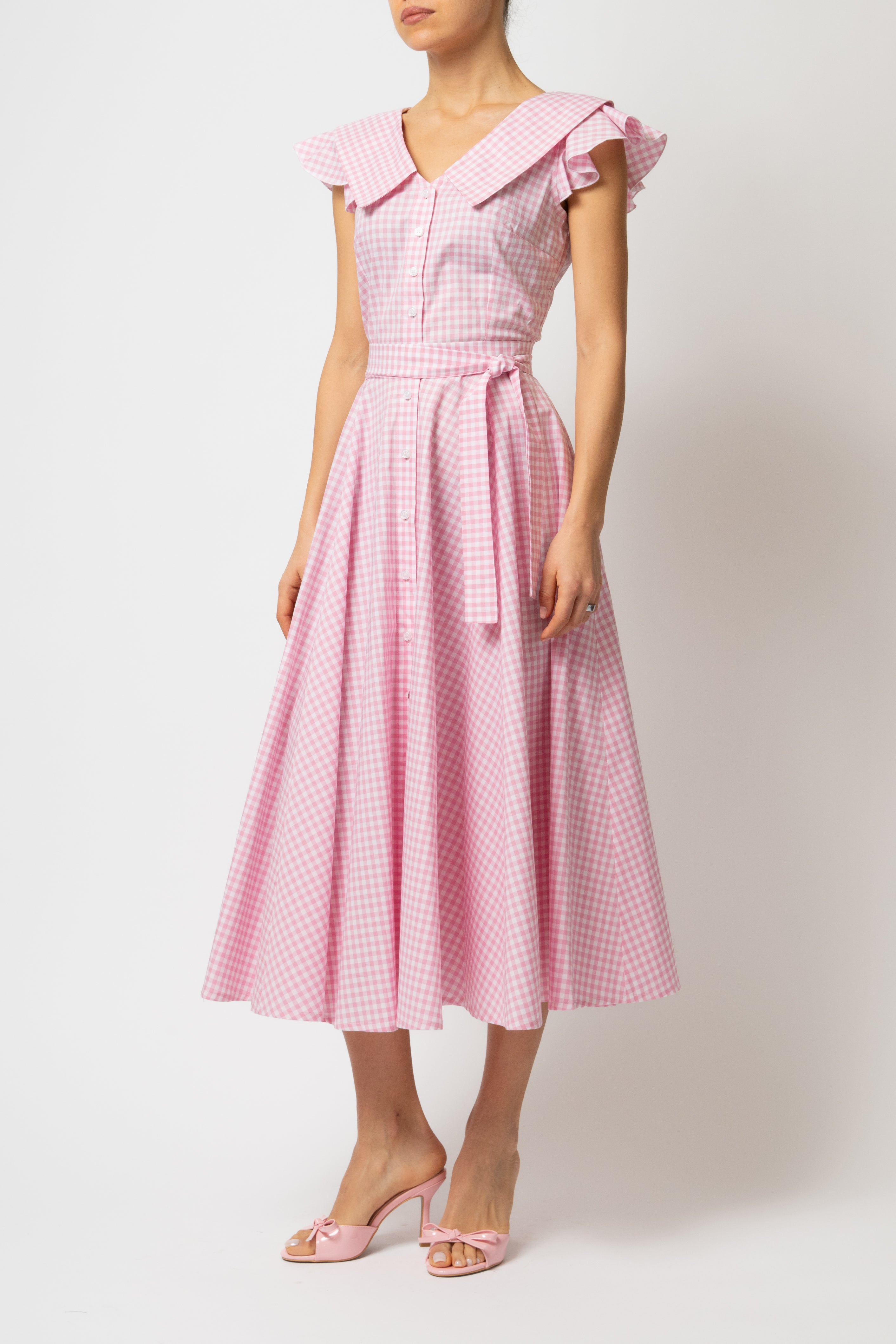 Rochie Camasa Midi cu Guler in V, din Bumbac in Carouri Roz