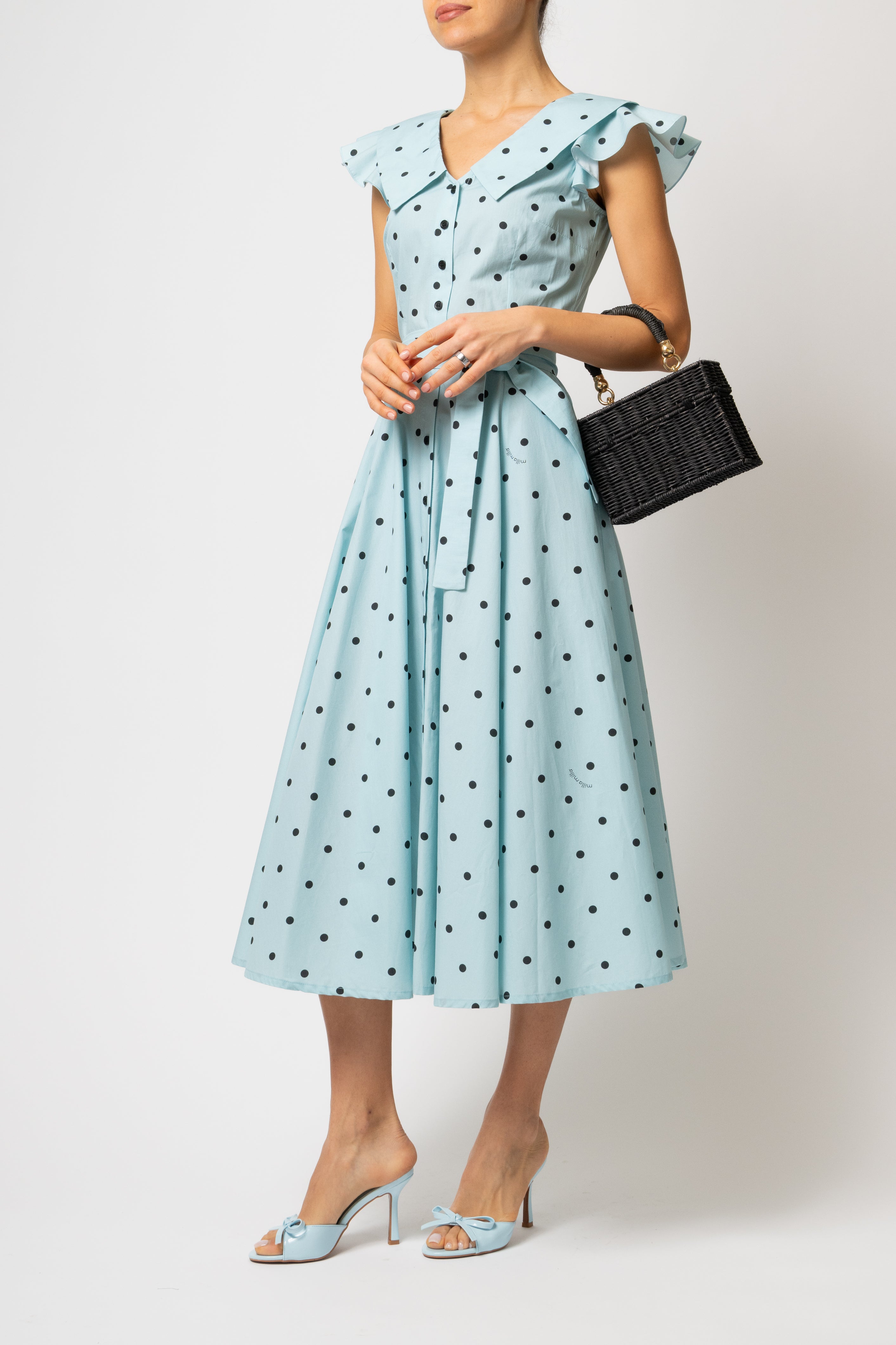 Rochie Camasa Midi cu Guler in V, din Bumbac Bleu cu Buline